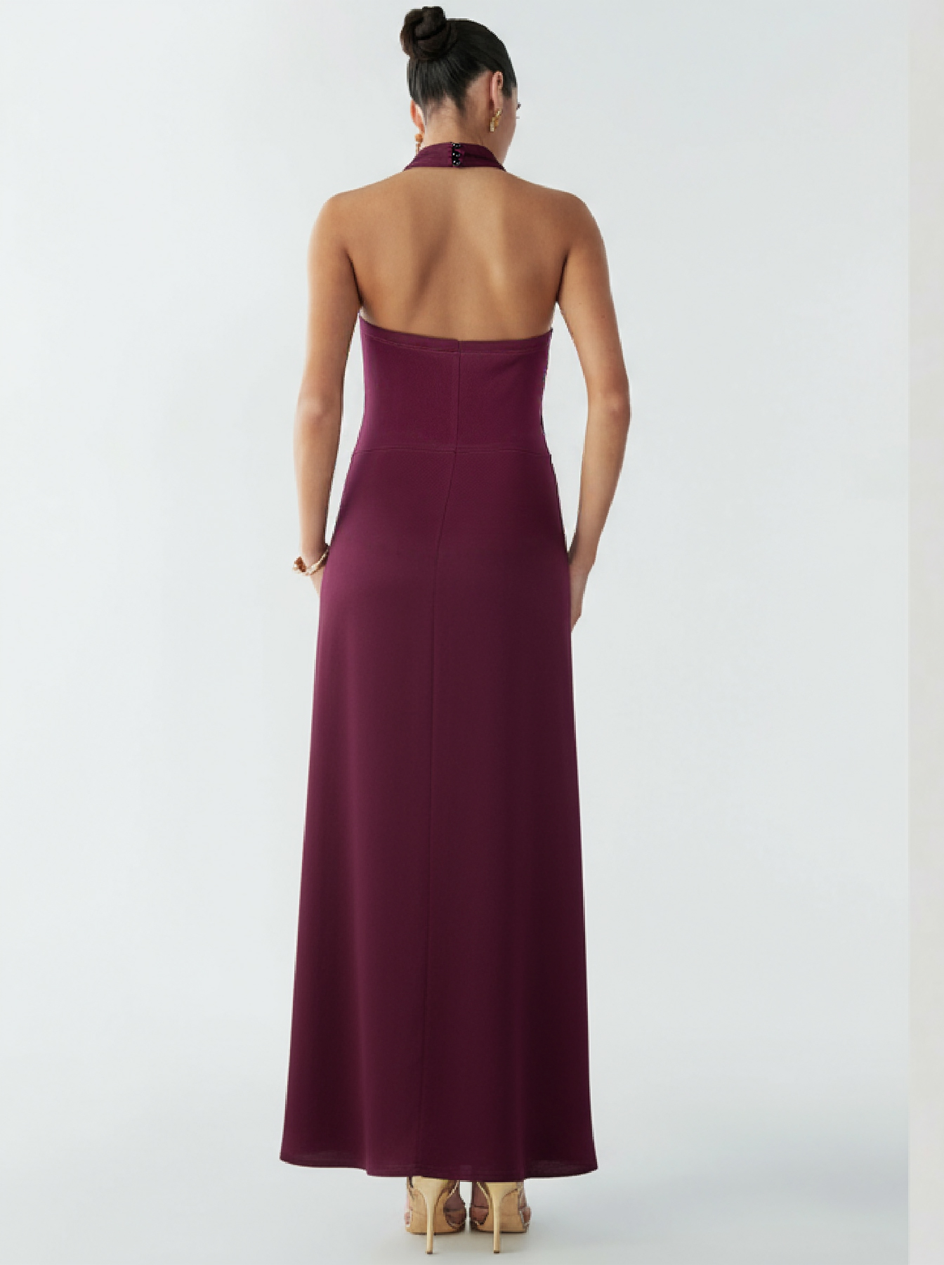 Woman's Burgundy Halter Neck Sleeveless Bodycon Maxi Dress