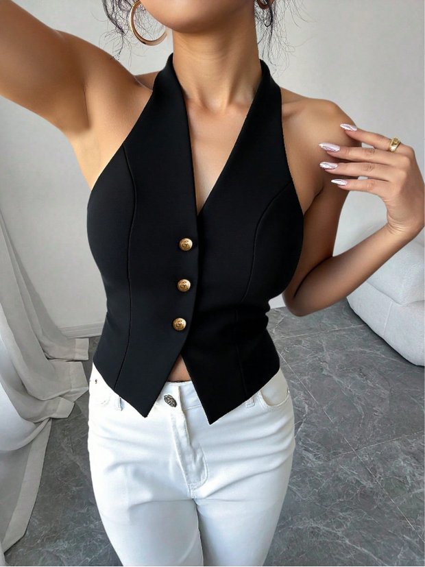 Women's Sleeveless Halter Neck Button Vest Top-Aetheryn
