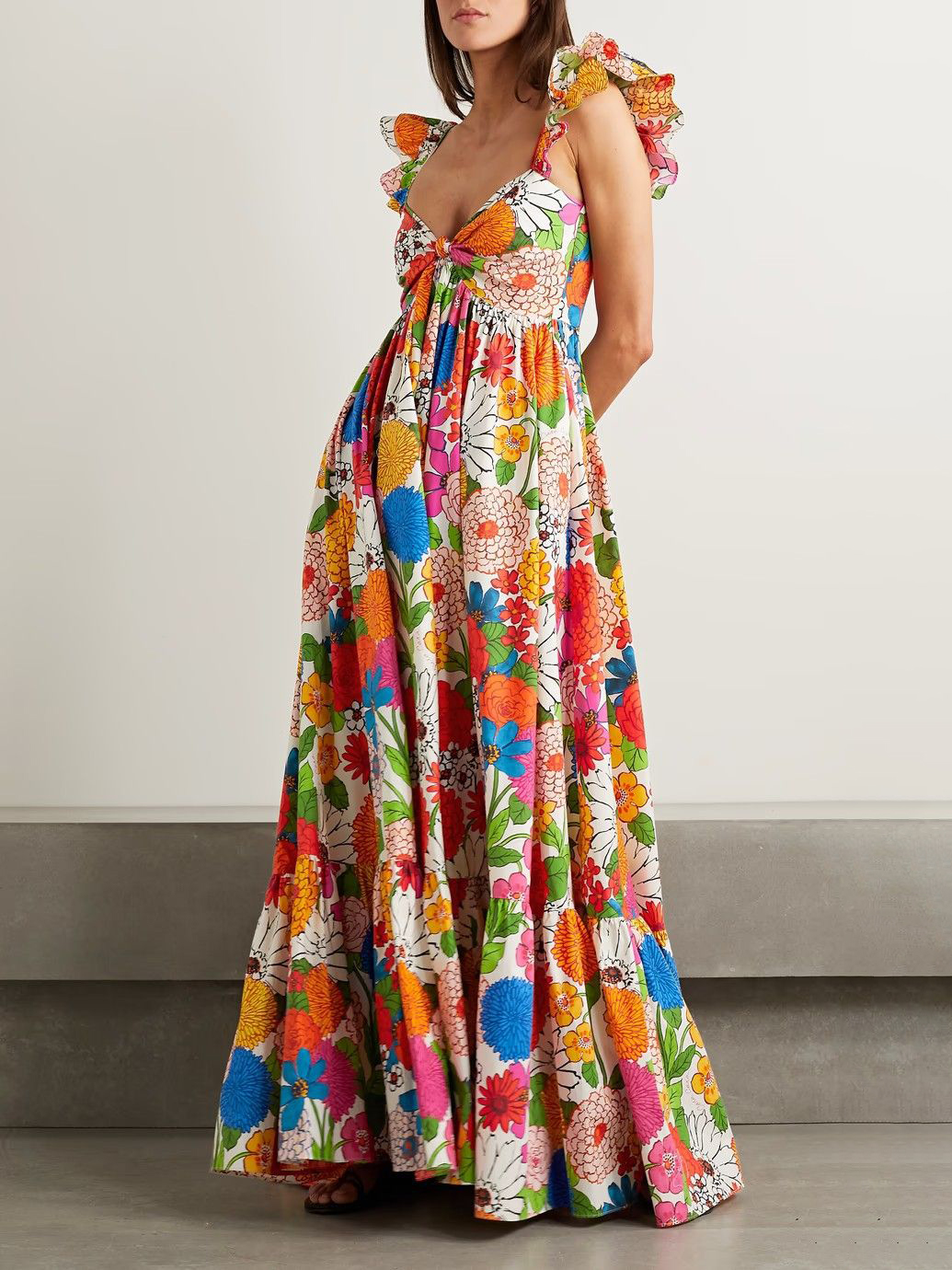 Boho Floral Ruffle Strap Tiered Art Print Maxi Dress