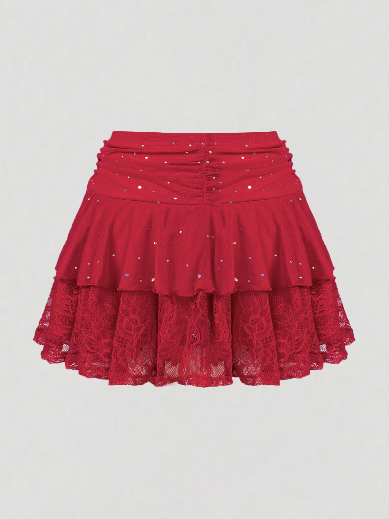 Woman's Red Glitter Ruched Drawstring Tiered Ruffle Mini Skirt