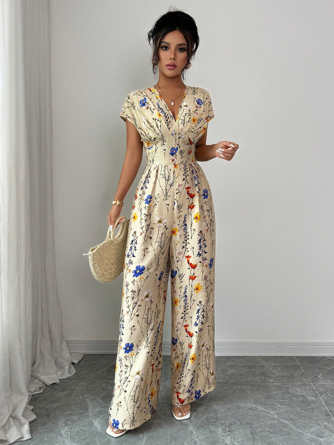 Vacation V-Neck Waist Cinching Apricot Printed Jumpsuit