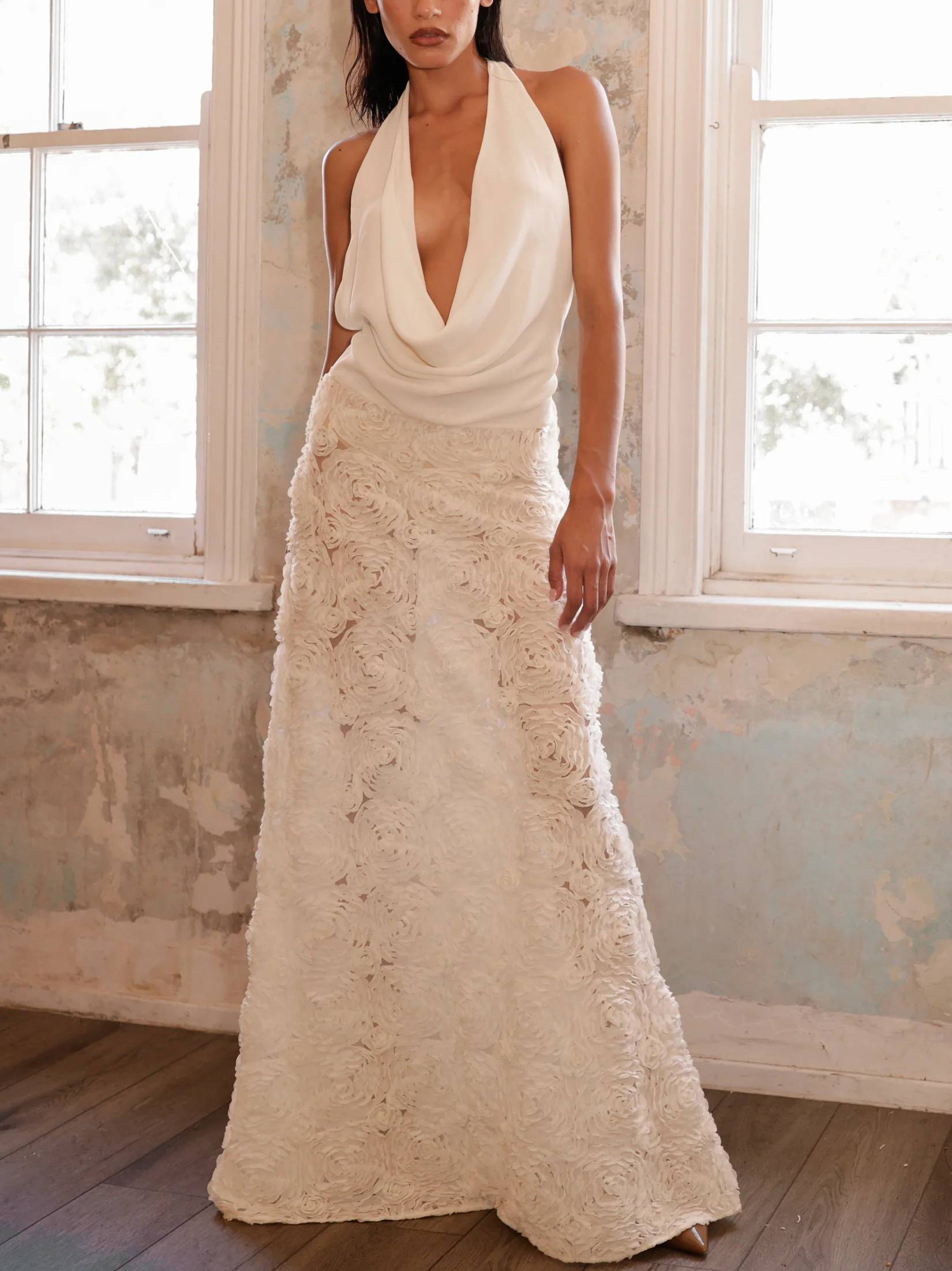 Halter Deep V Backless 3D Rose Lace Maxi Dress 