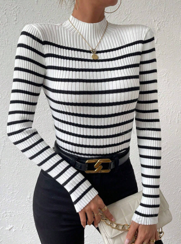 Women's Black and White Striped Mock Neck Ribbed Knit Sweater