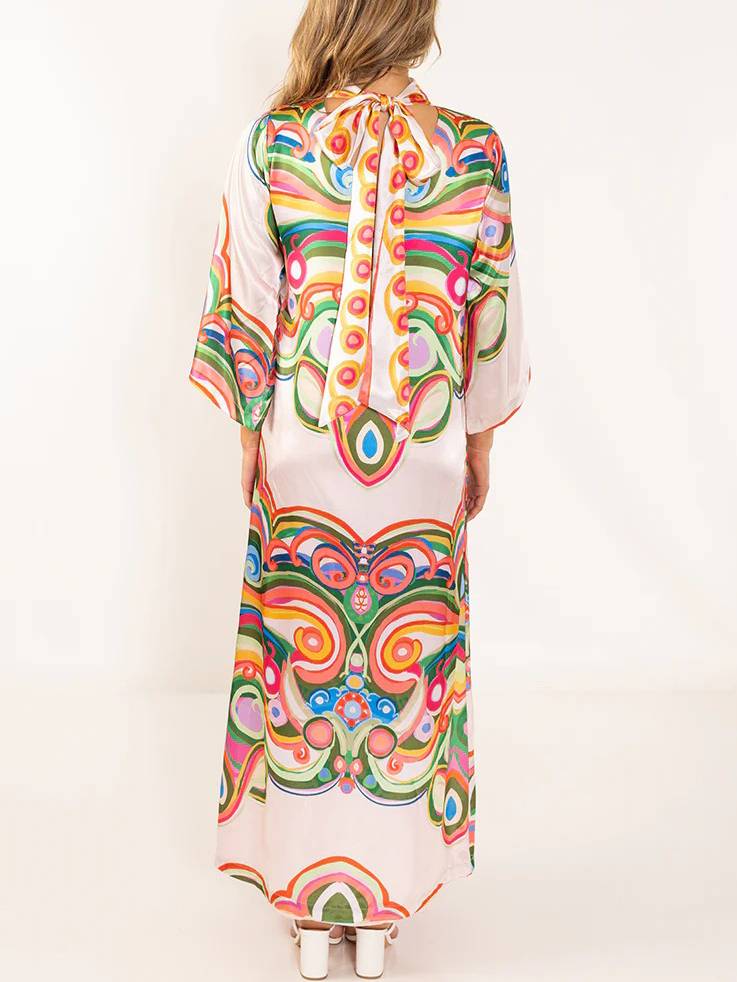 Retro Abstract Print Satin Maxi Dress