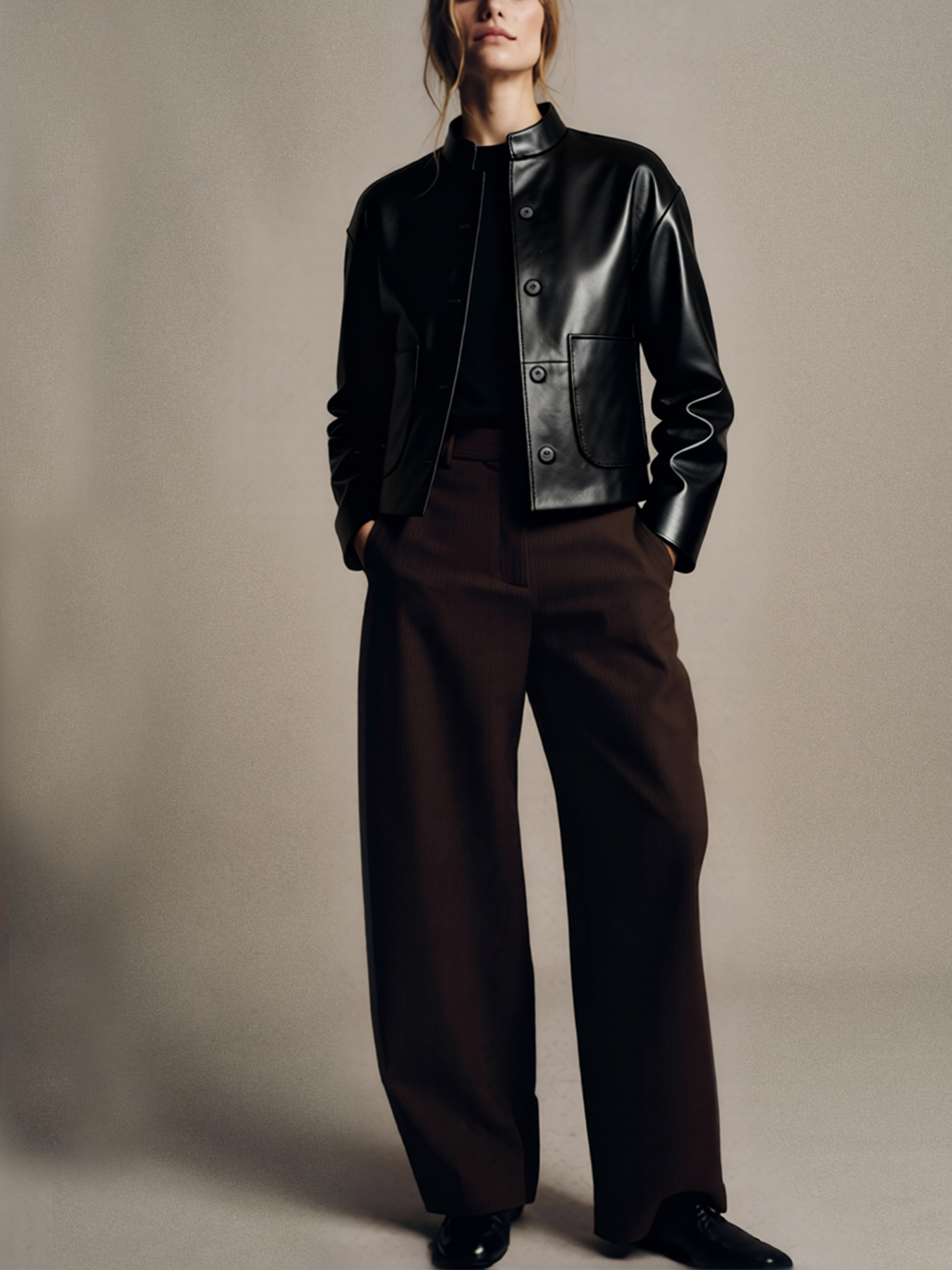 2026 Spring/Summer New Style Fashion Handsome Stand Collar Single-breasted Pocket Decorated Short Leather Jacket-Aetheryn