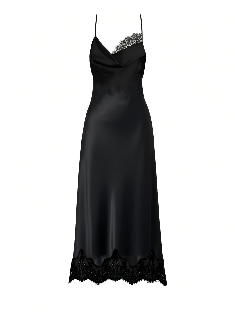 2026 Spring Summer Lace Paneled Satin Slip Dress : Draped Neck Backless Maxi Sexy Dress