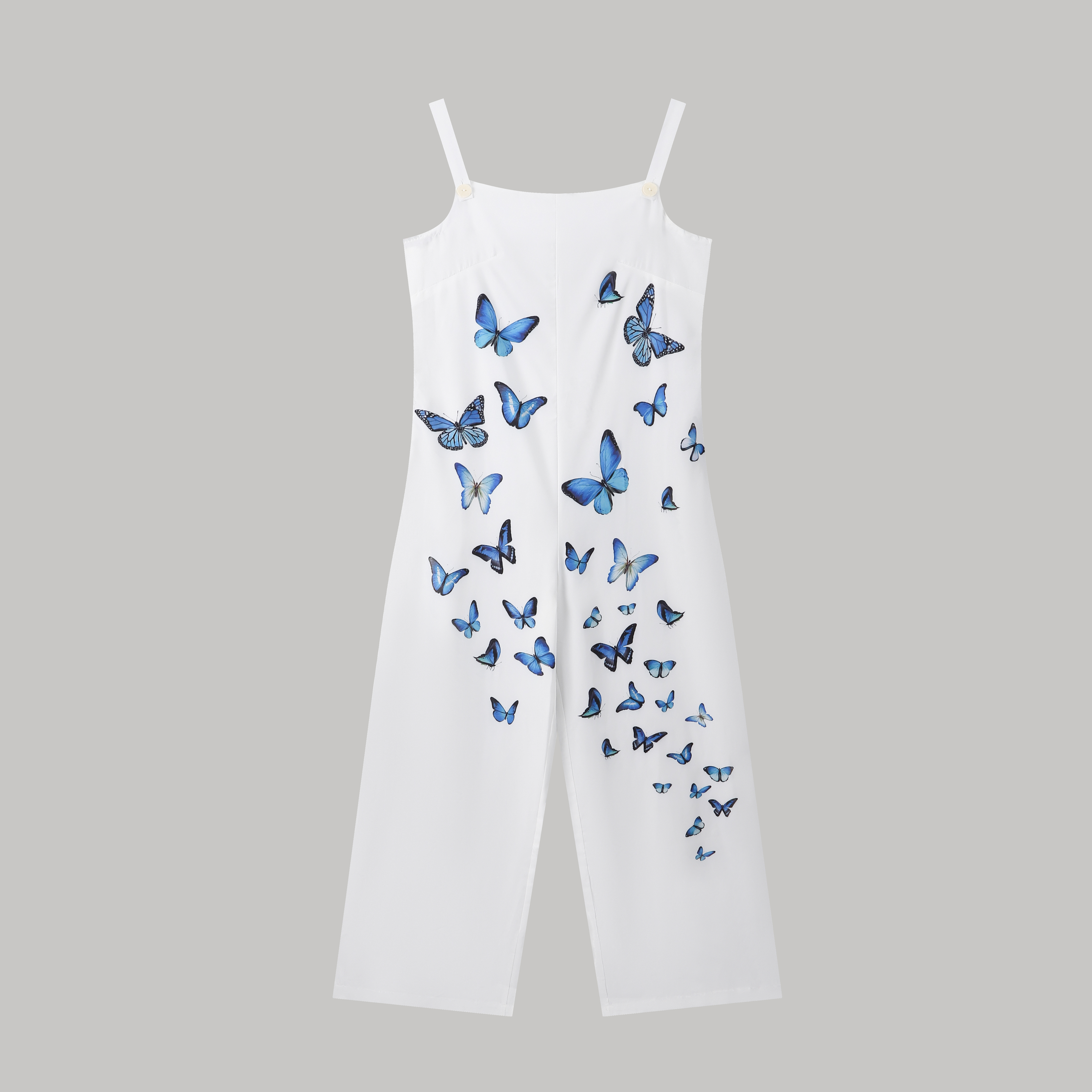Women's White Sleeveless Jumpsuit with Blue Butterfly Print