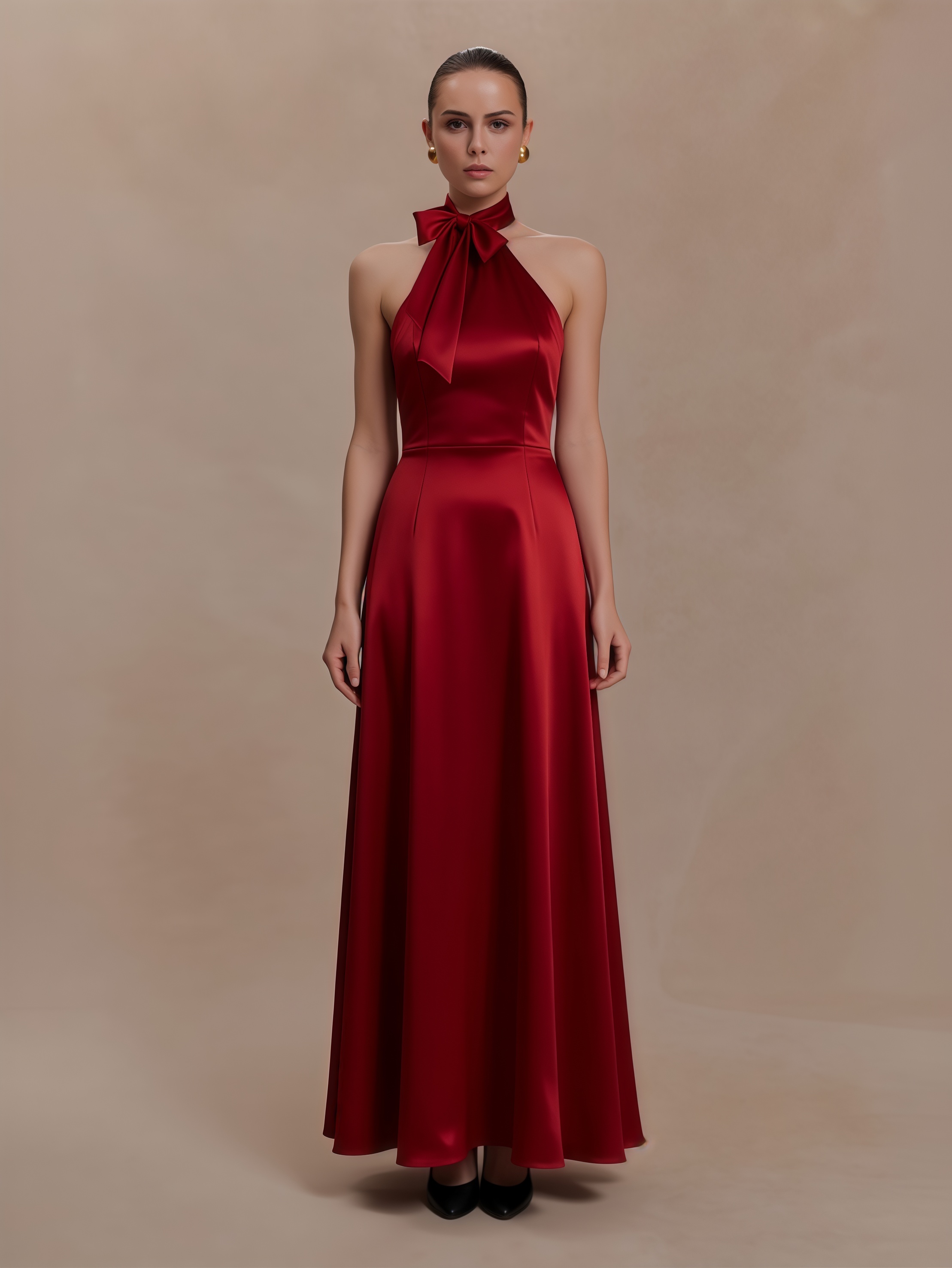 2026 Spring Summer Burgundy Satin Halter Formal Dress : Bow Tie Backless Maxi Sexy Dress