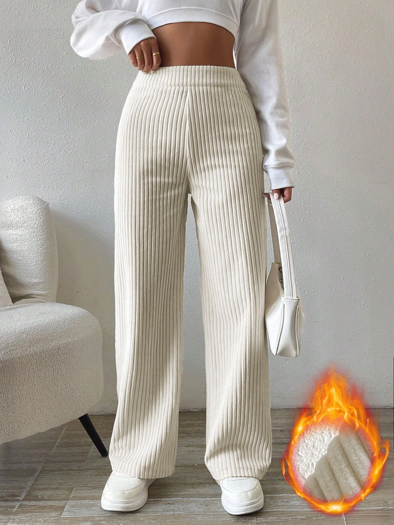Women's Cream Ribbed Wide Leg Pants