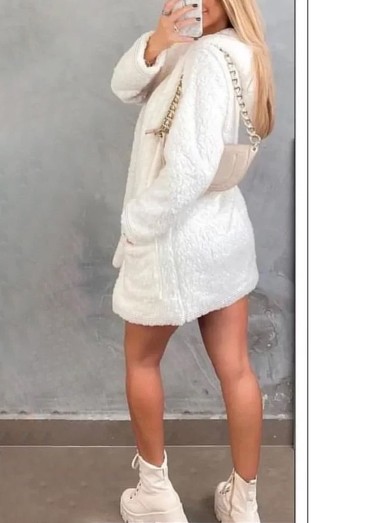 White hooded fleece cardigan Women‘s loose medium-length thermal jacket