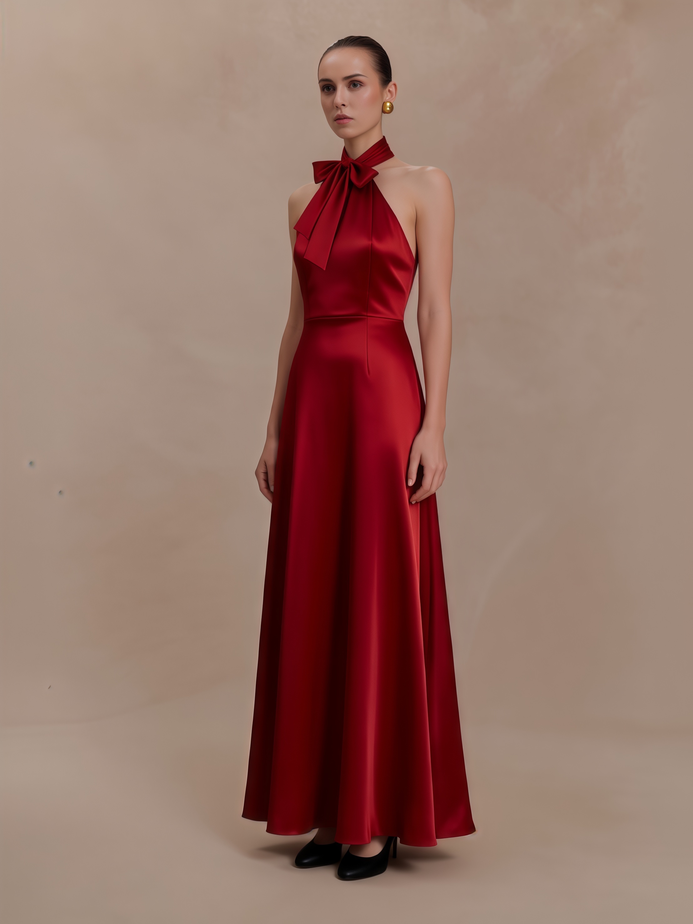 2026 Spring Summer Burgundy Satin Halter Formal Dress : Bow Tie Backless Maxi Sexy Dress