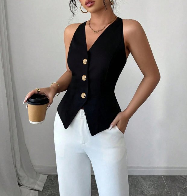 Women's Sleeveless Halter Neck Button Vest Top-Aetheryn