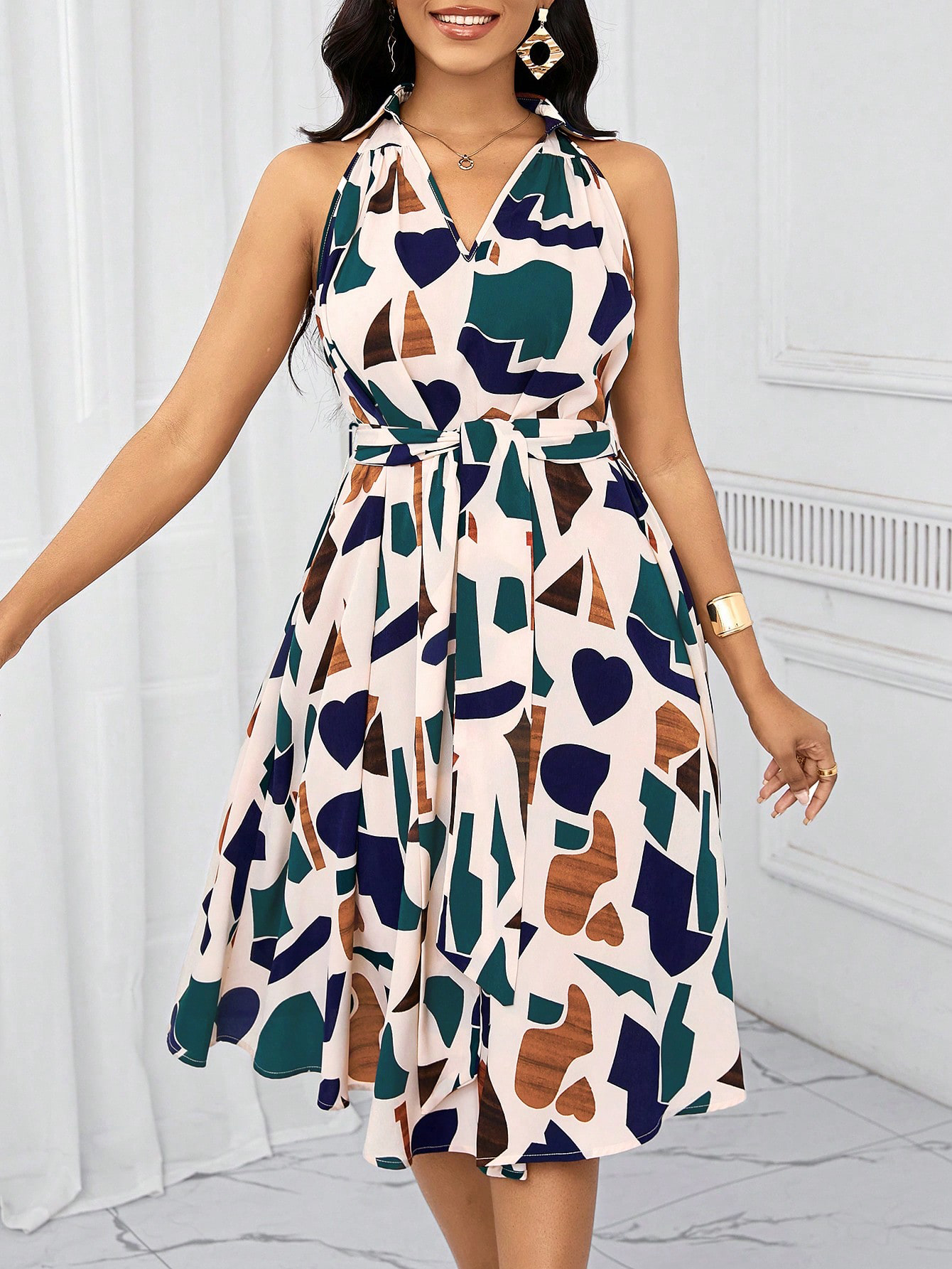 Women's Geometric Print Halter Neck Belted Midi Dress