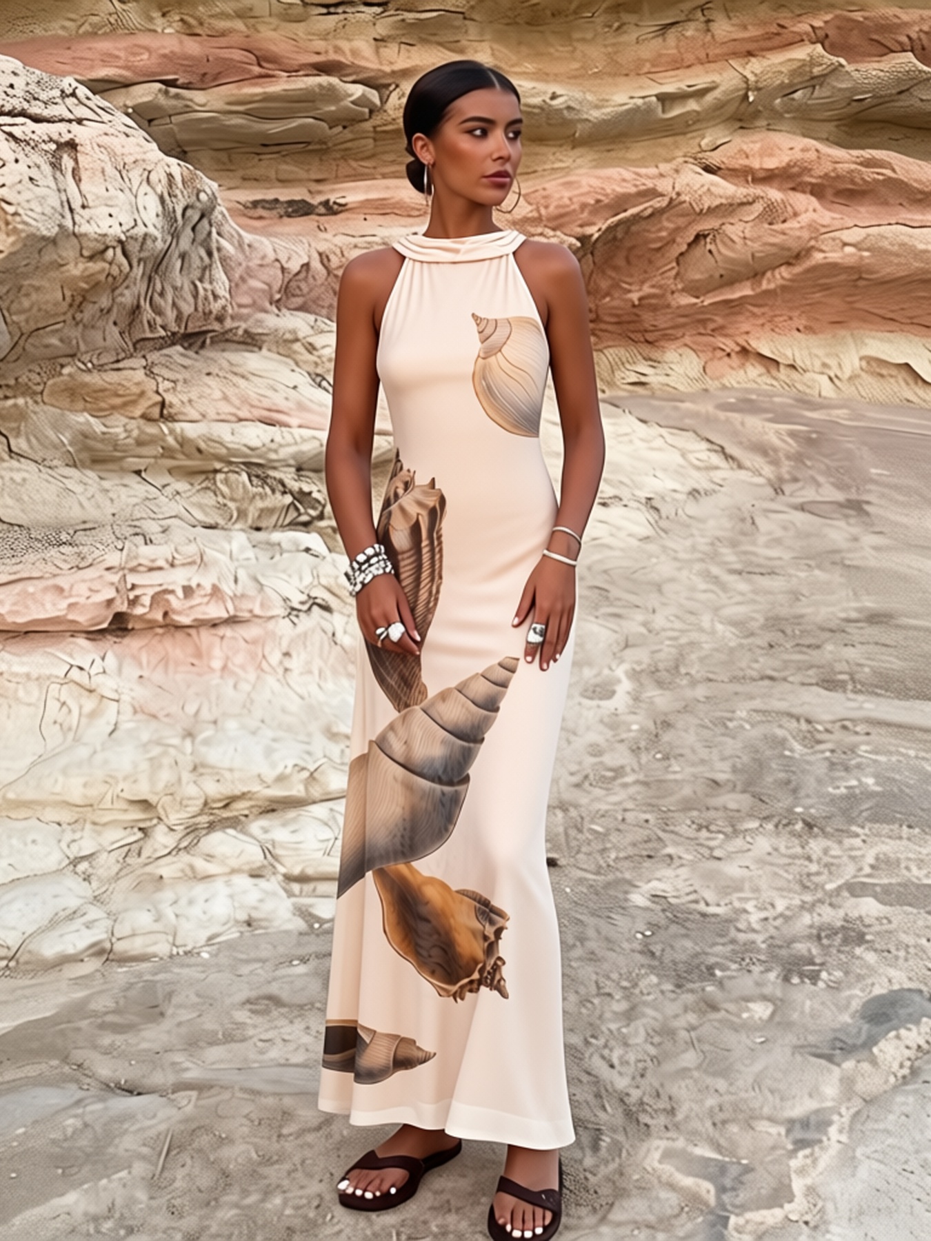 2026 Spring Summer Beach Holiday Shell Halter Dress - Relaxed Fit Slim Midi in Soft Beige