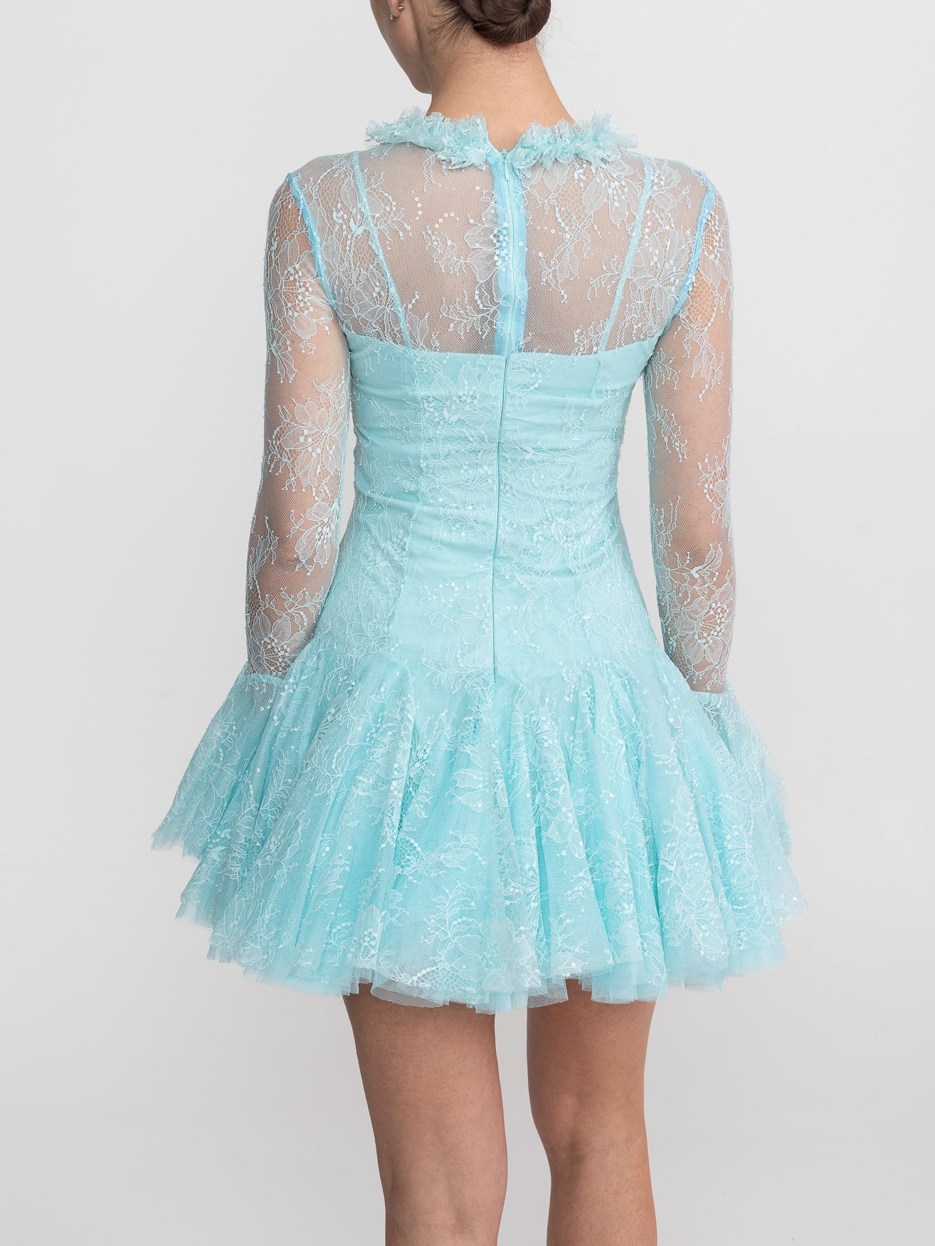 Women's Vintage Lace Tiered Mini Dress - Long Bell Sleeves & Sheer Mesh Neckline