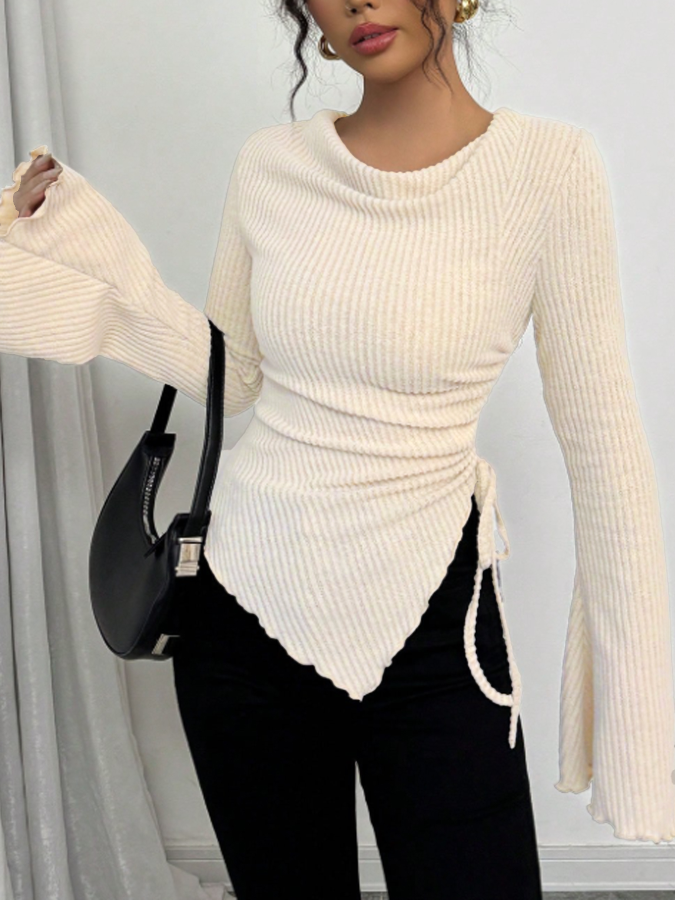Y2K Cream Ribbed Cowl Neck Side Tie Asymmetrical Hem Top