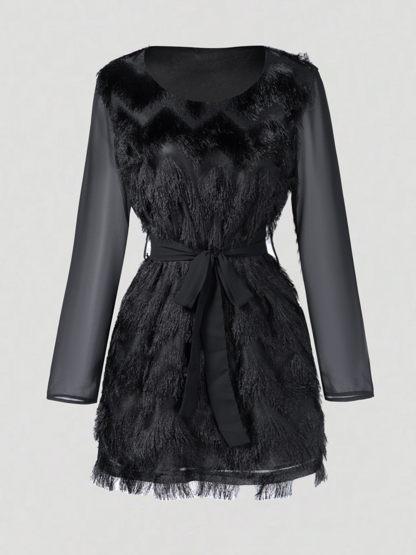 Woman's Round Neck Sheer Long Sleeve Feather Fringe Mini Dress