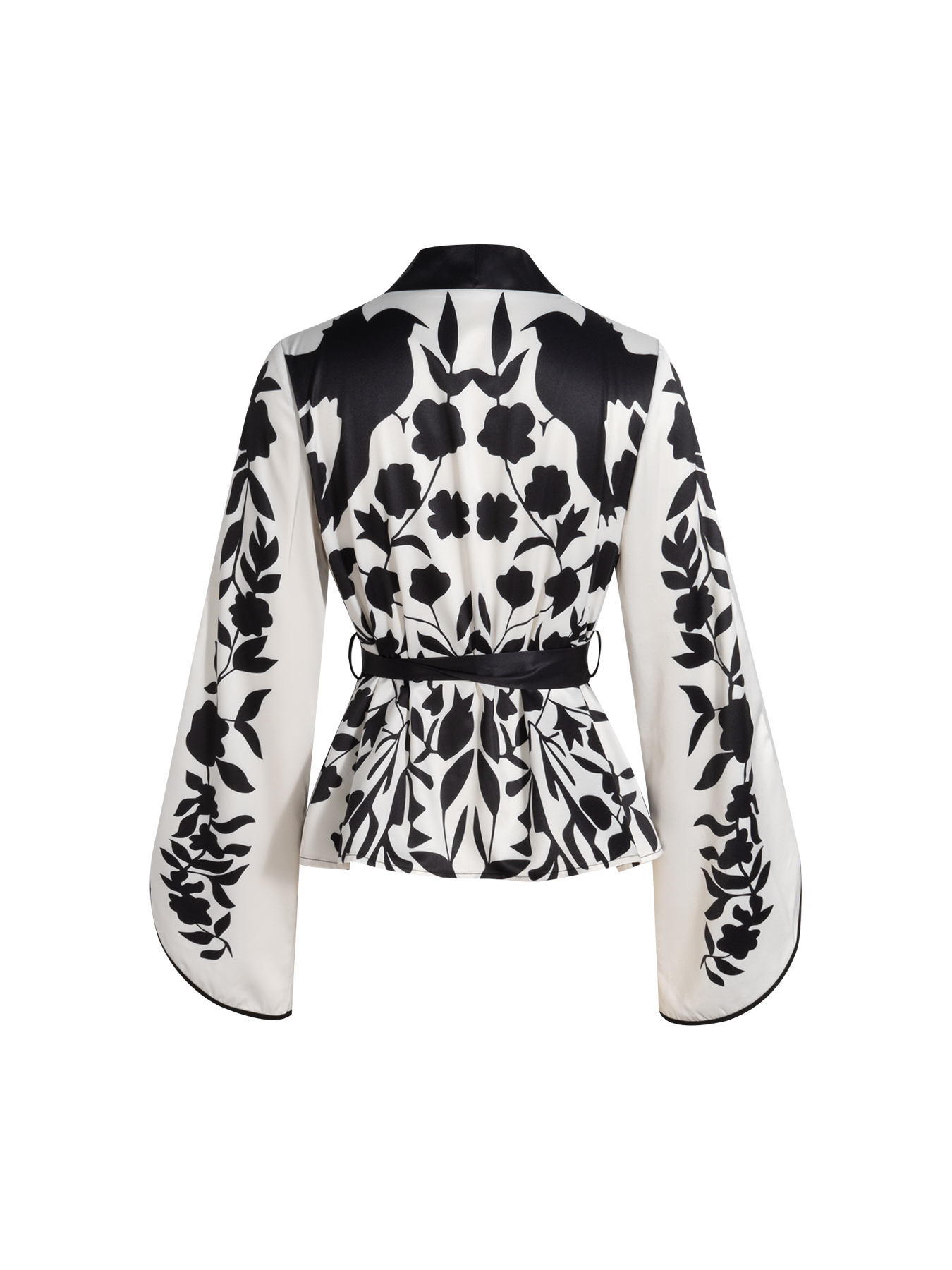 Women's Black and White Floral Print Belted Kimono-Style Blouse