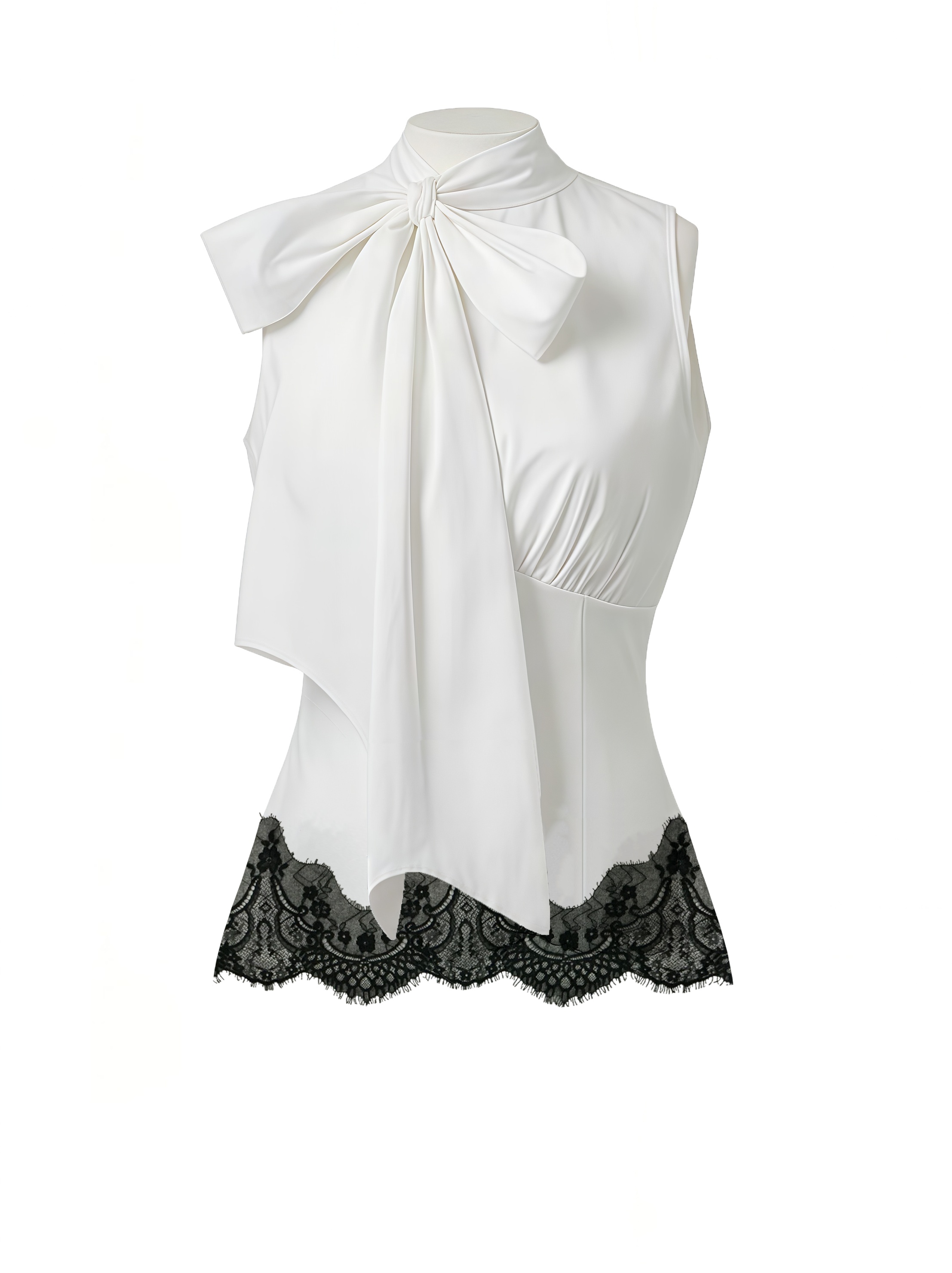 Women's Elegant Sleeveless High Neck Bow Detail Ruched Lace Trim Blouse