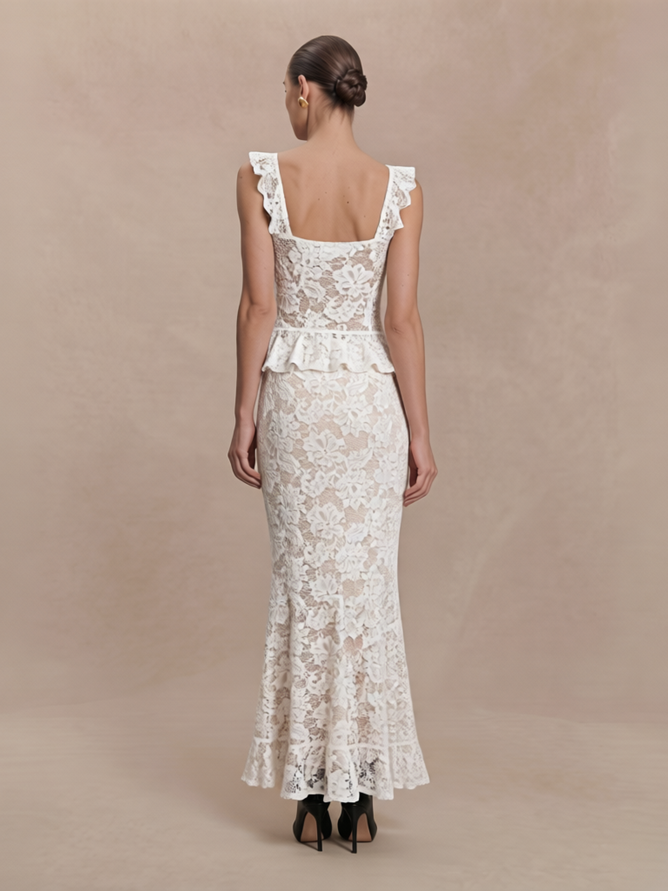 Square Neck Ruffle Strap Lace Bodice Front Tie Peplum Mermaid Maxi Dress