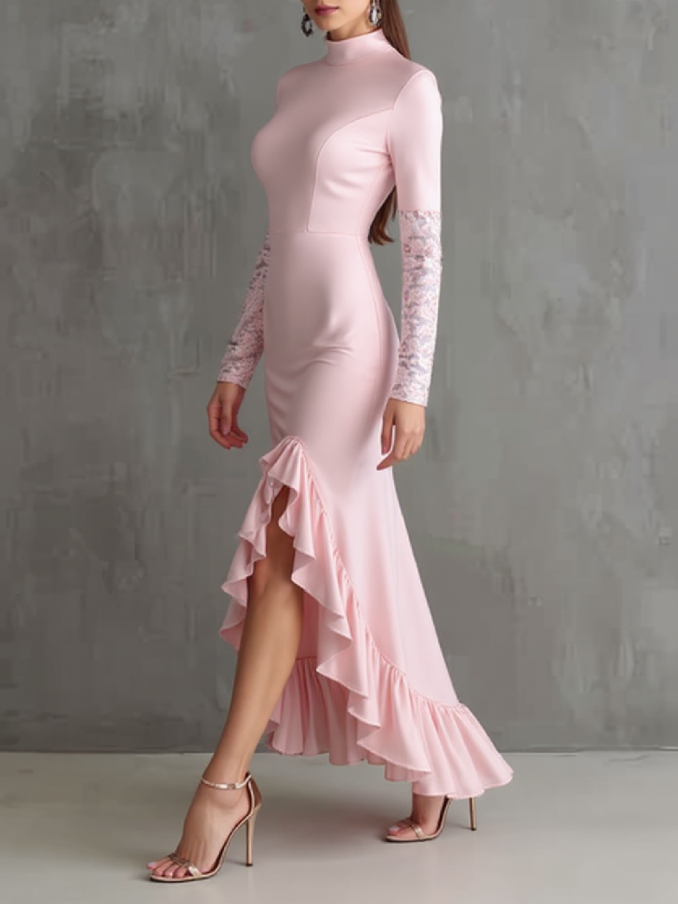 Woman's Pink Turtleneck Lace Sleeve Asymmetric Midi Dress