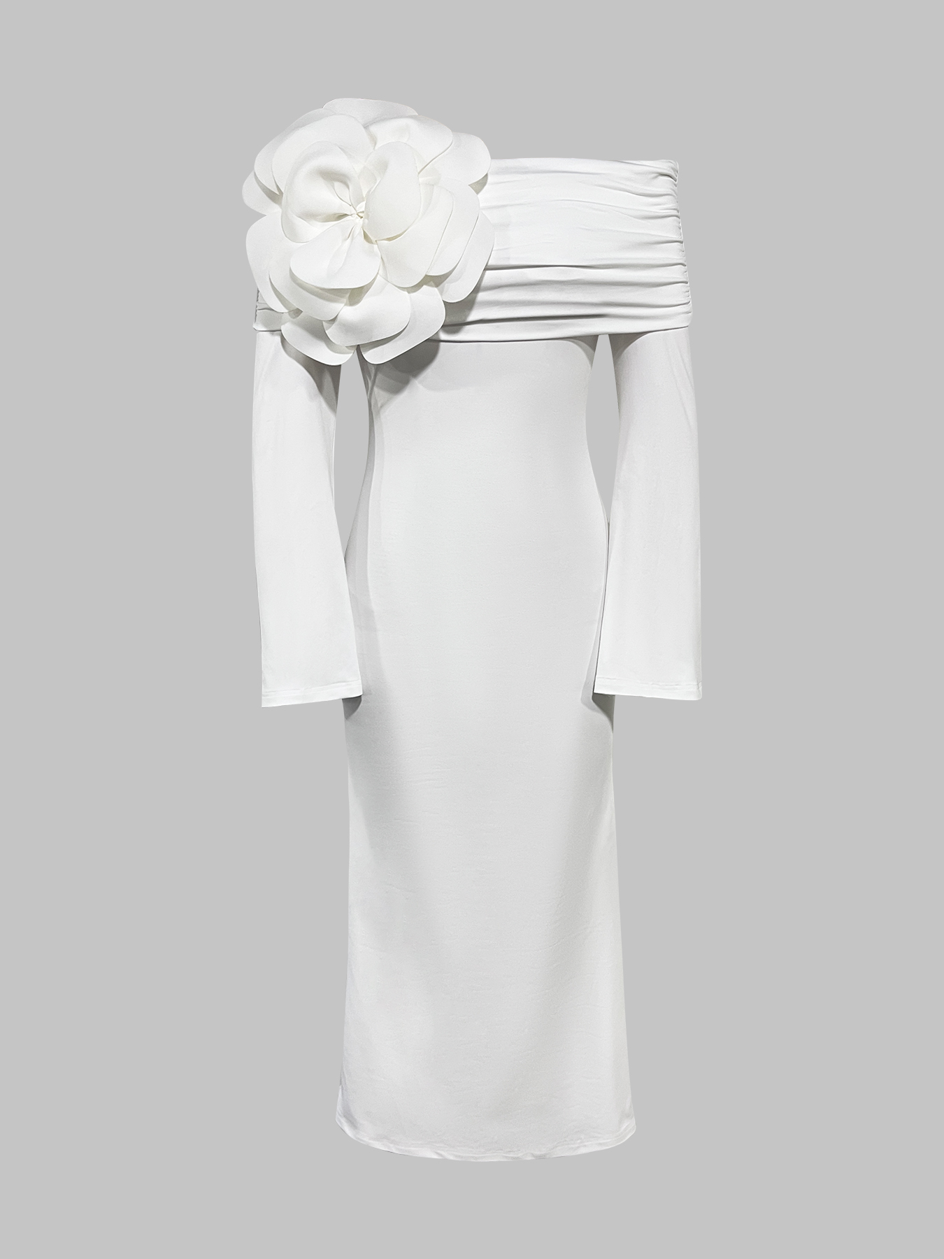 Women's White Off-The-Shoulder Long Sleeve Maxi Dress with Floral Applique