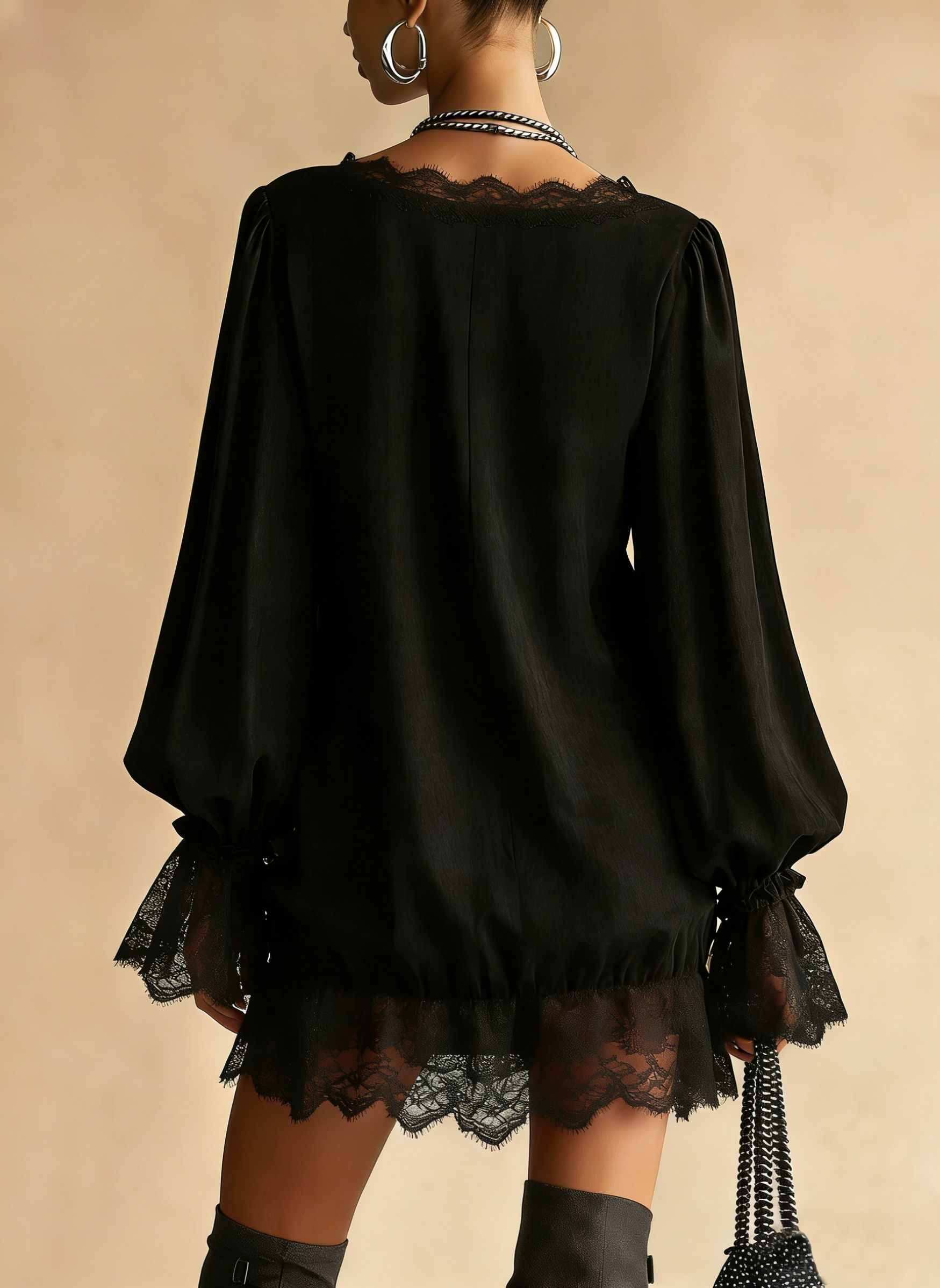 Lace Trim Puff Sleeve Mini Dress