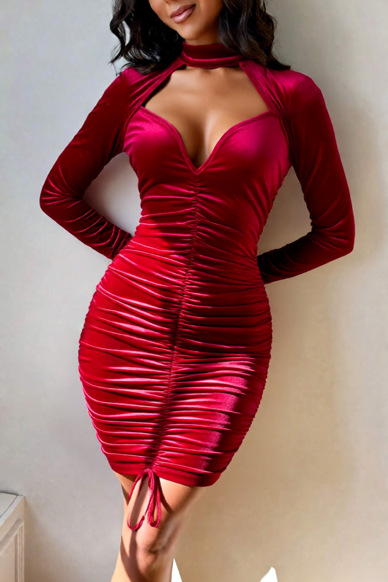 Woman's Burgundy Velvet High Neck Cutout Deep V Ruched Mini Dress