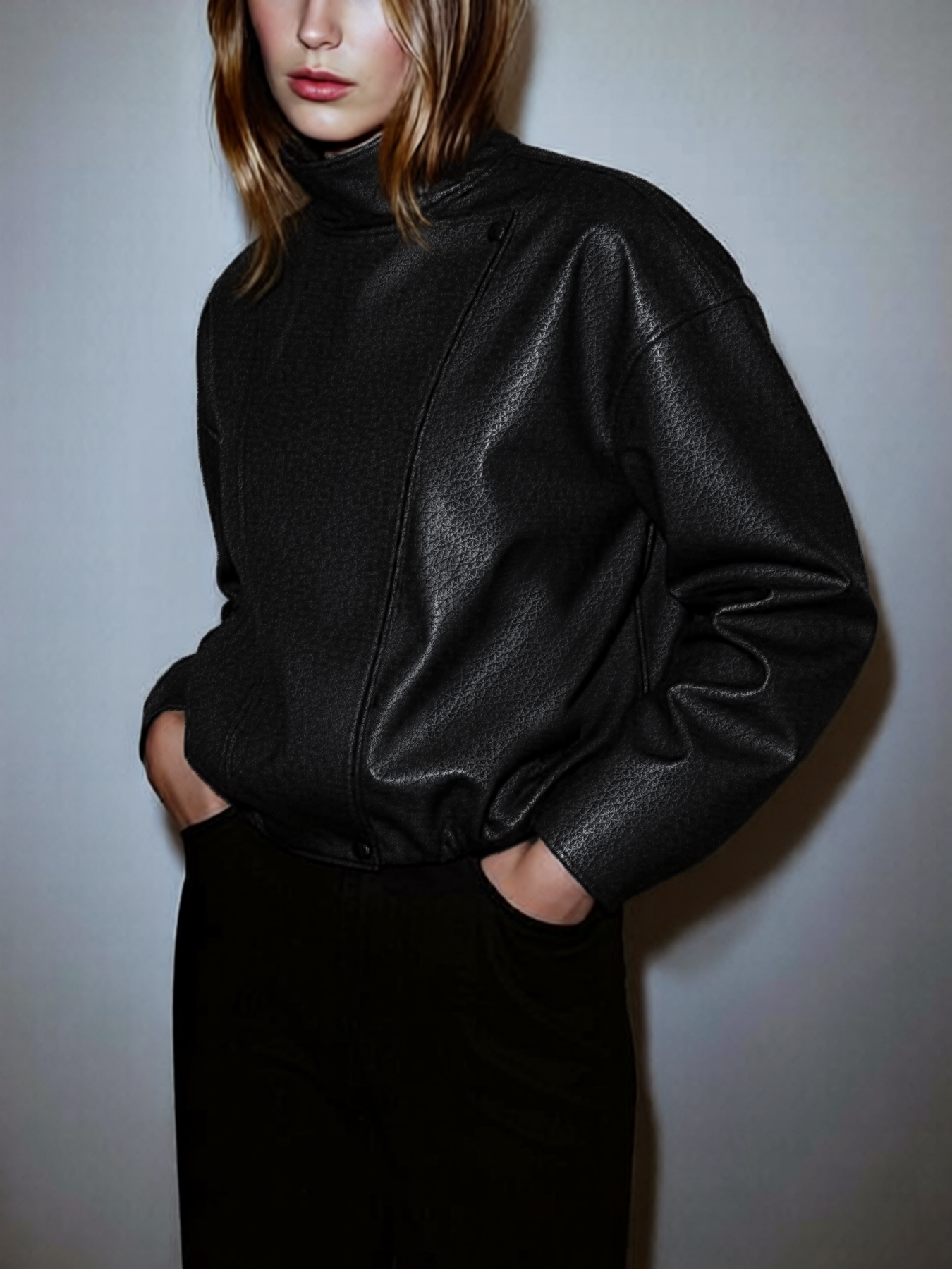 2026 Spring Summer Casual Oversized Leather Jacket - Textured High-Neck Relaxed Cropped Style