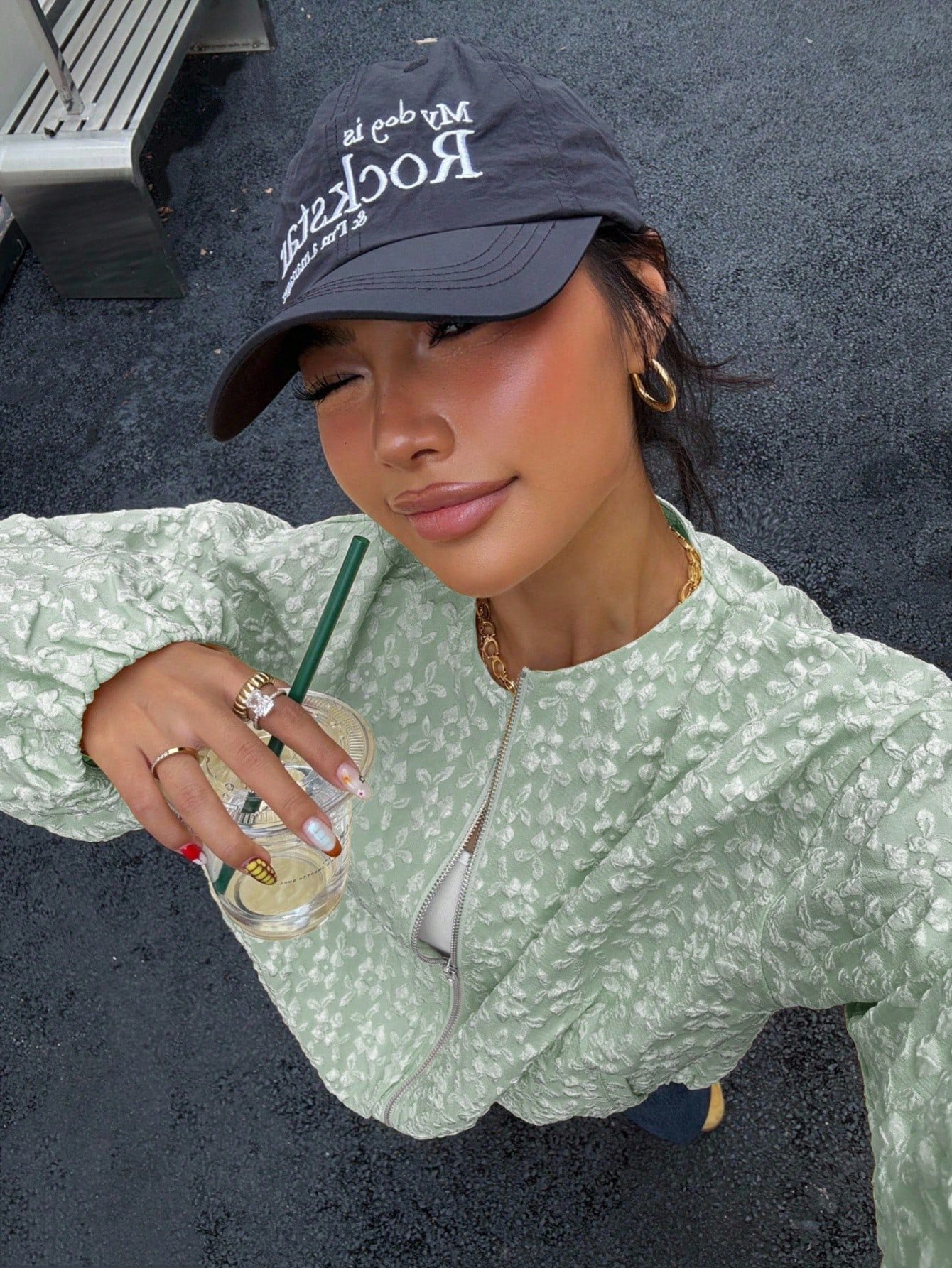 Woman's Light Green Floral Textured Zip-Up Cropped Jacket