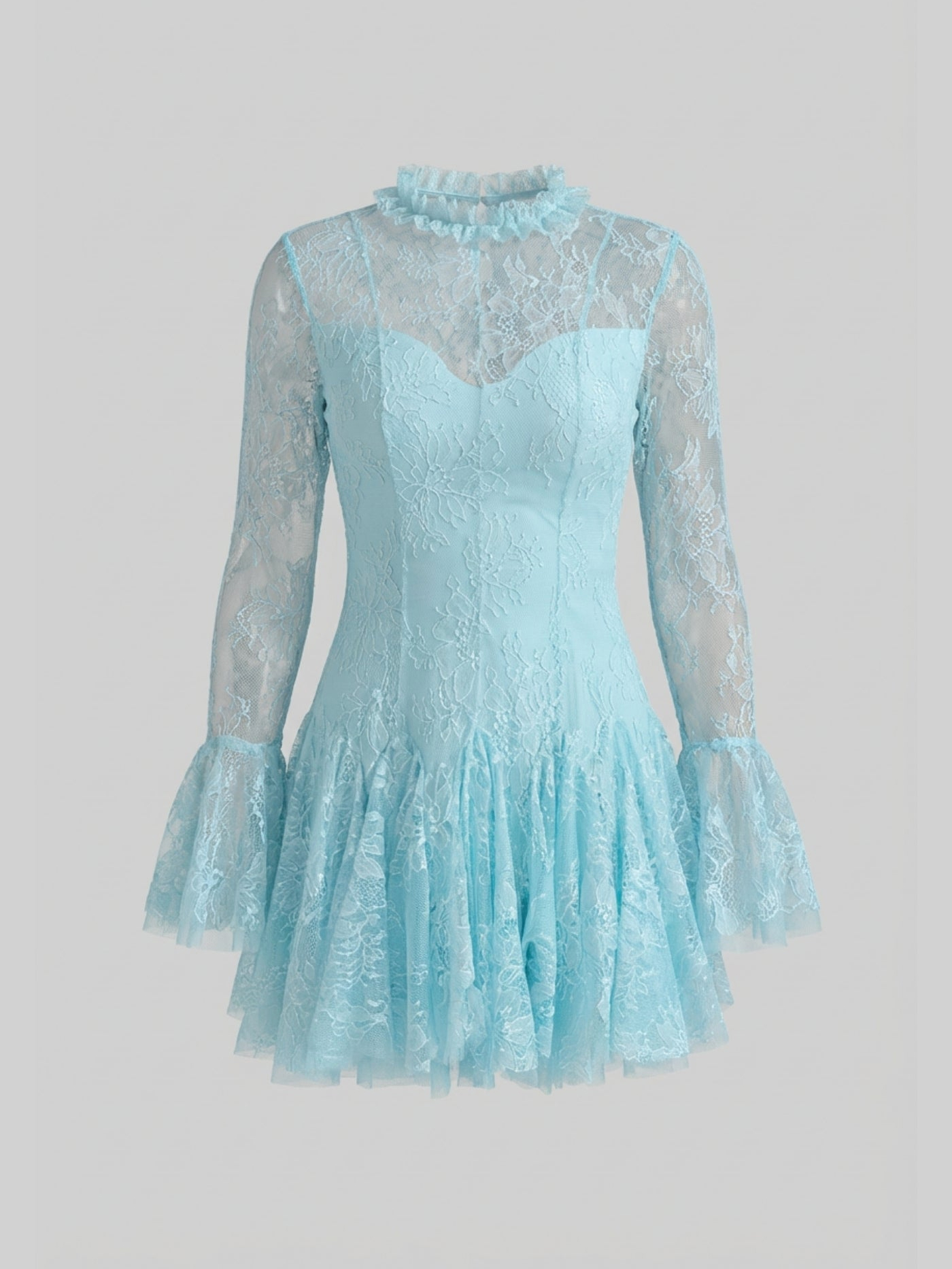 Women's Vintage Lace Tiered Mini Dress - Long Bell Sleeves & Sheer Mesh Neckline