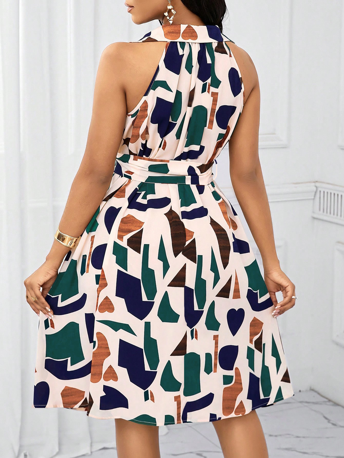 Women's Geometric Print Halter Neck Belted Midi Dress