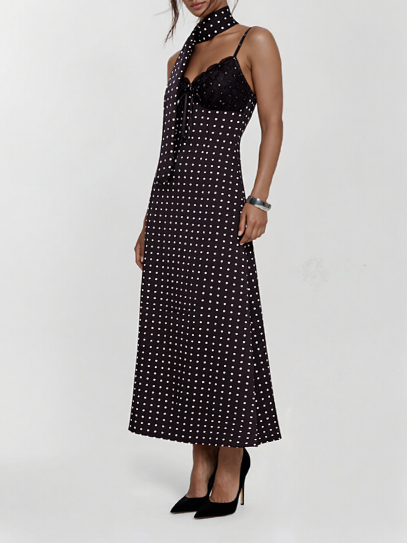 Woman's Polka Dot Lace Cami Maxi Dress with Neck Tie