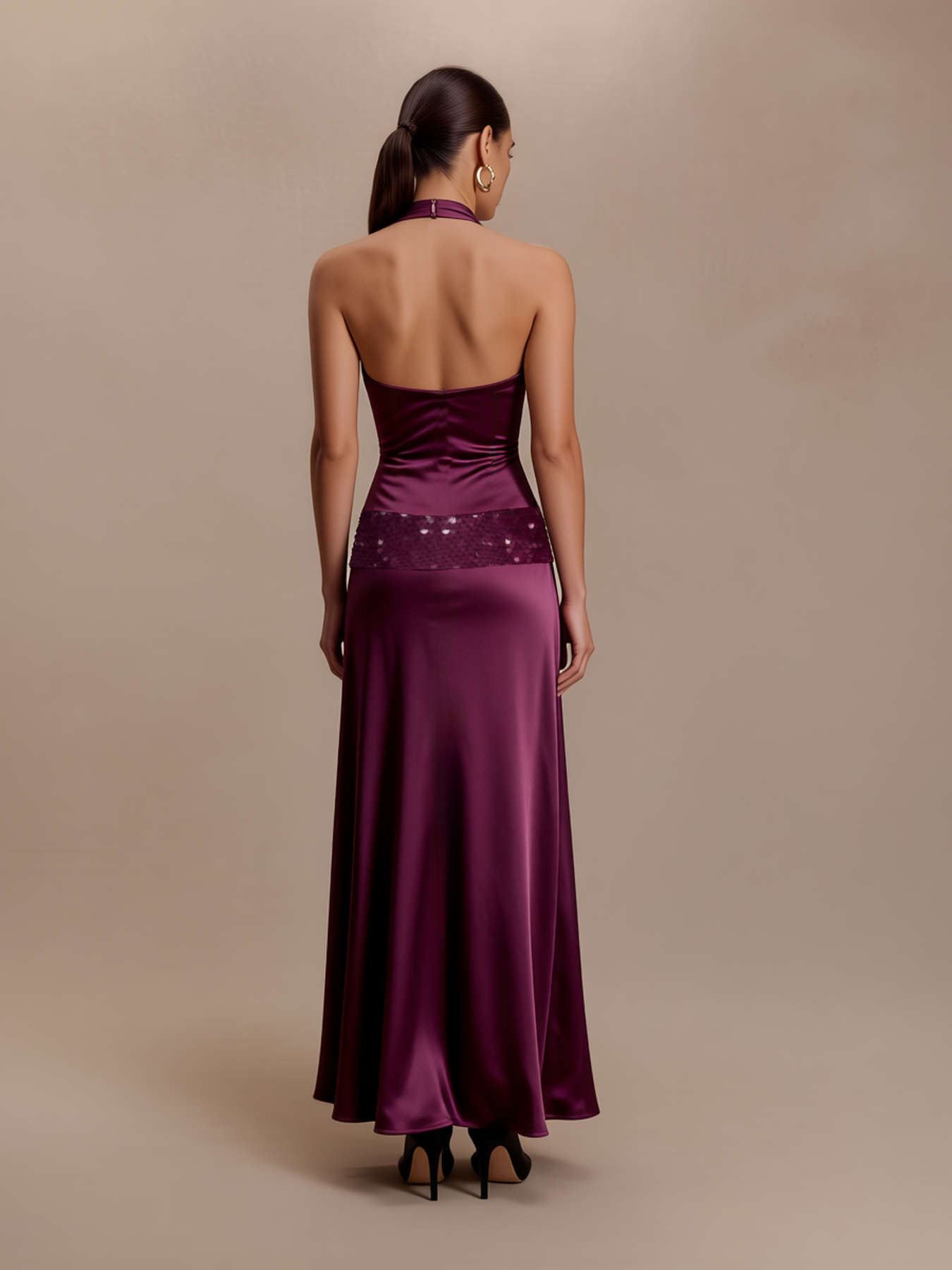Wine red satin neck dress woman, sequin waist dress, dinner party wedding temperament elegant fishtail skirt-Aetheryn