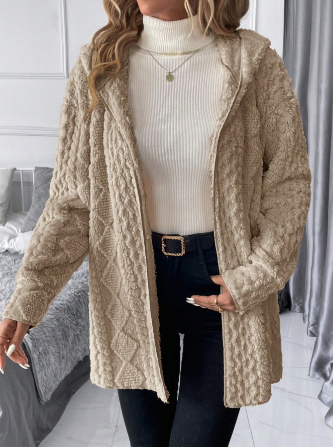 Khaki hooded fleece jacket for women Printed loose medium-length coat