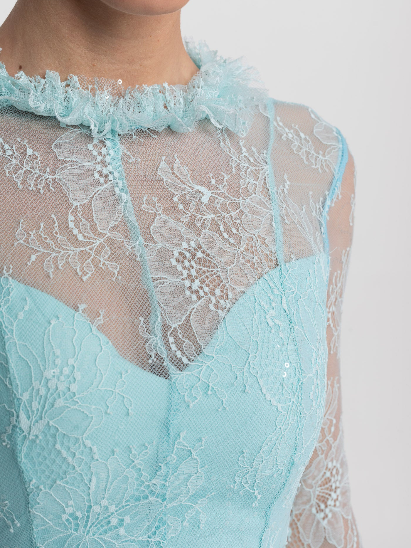 Women's Vintage Lace Tiered Mini Dress - Long Bell Sleeves & Sheer Mesh Neckline