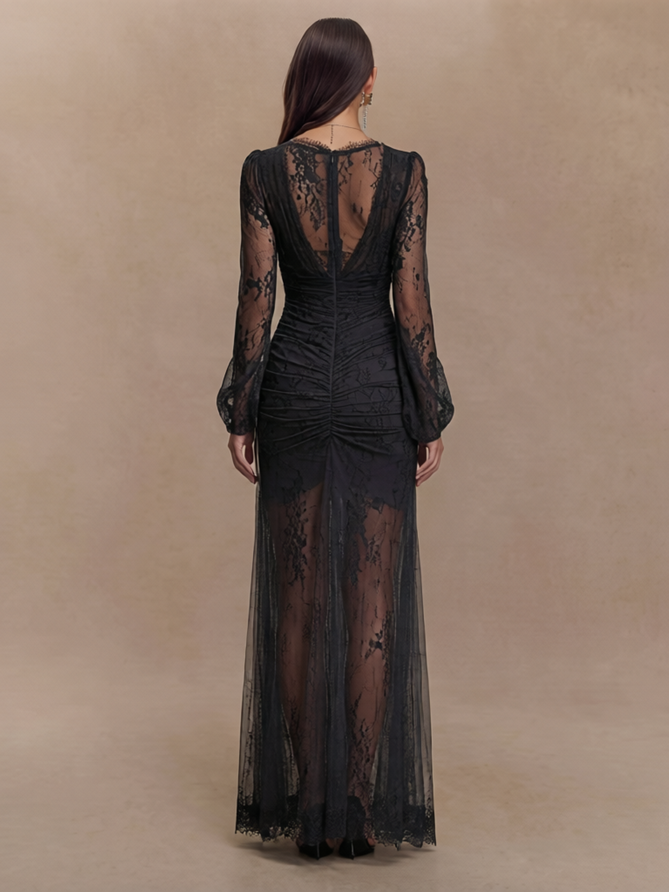 Lace Ruched Sheer Long Sleeve Slit Maxi Dress