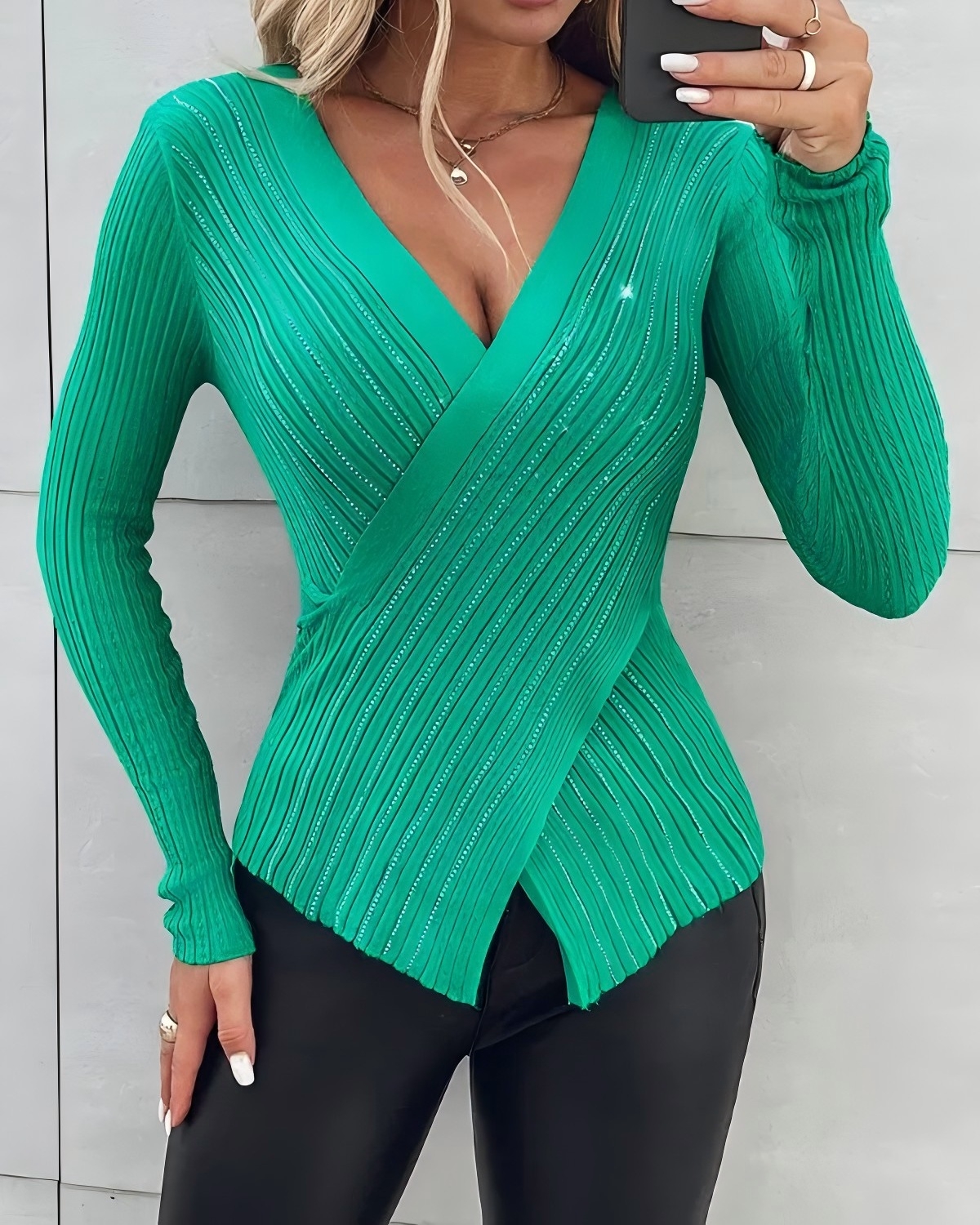Woman's  Deep V Neck Cross Wrap Rhinestone Long Sleeve Knit Top