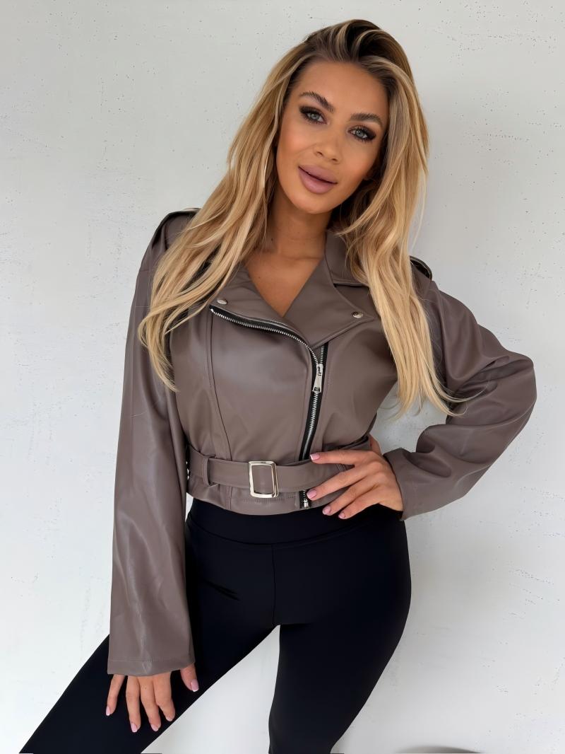 Woman's Faux Leather Cropped Biker Jacket with Belt Detail