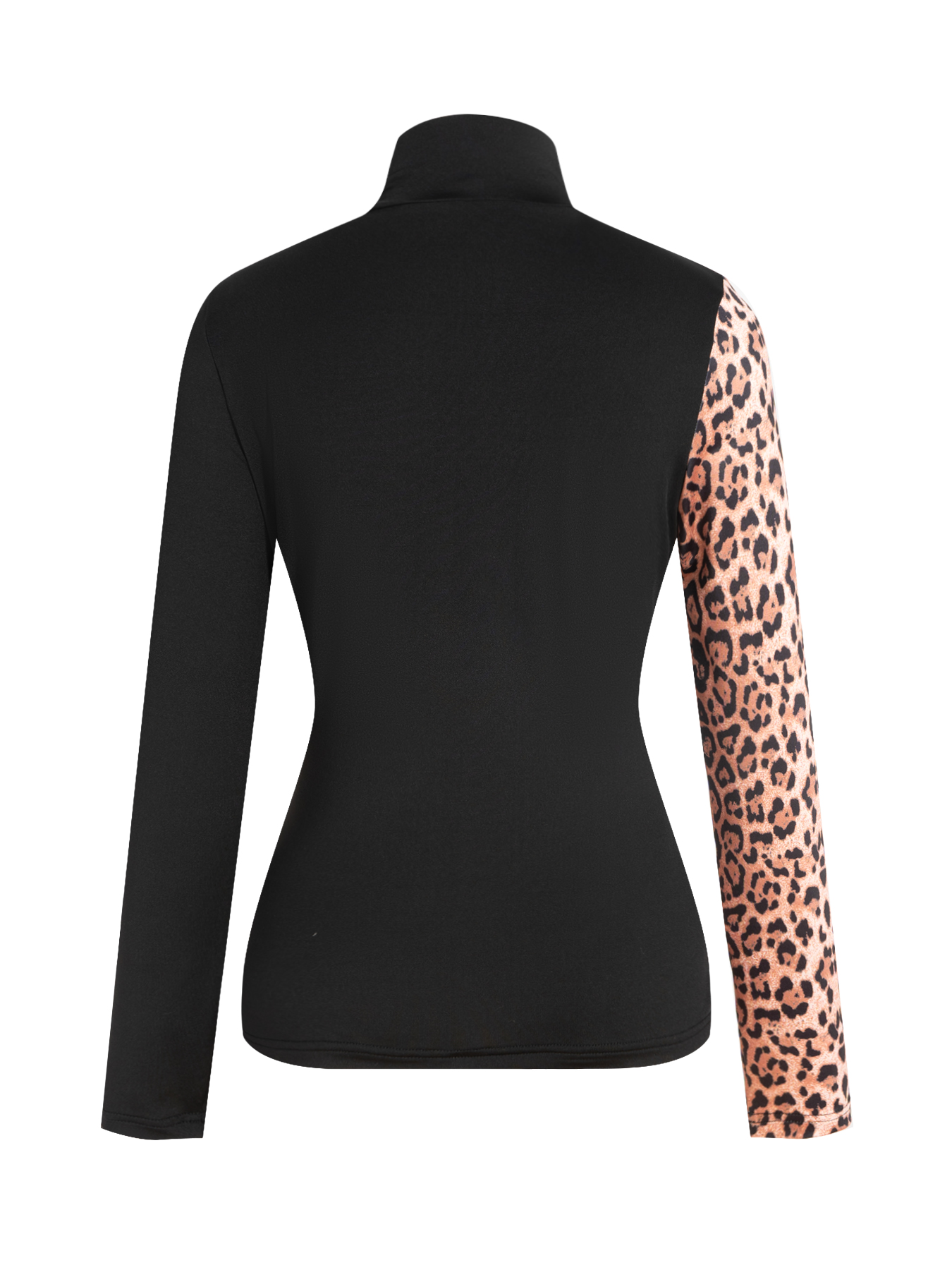 Women's Black Turtleneck Top with Leopard Print Panel and Button Detail
