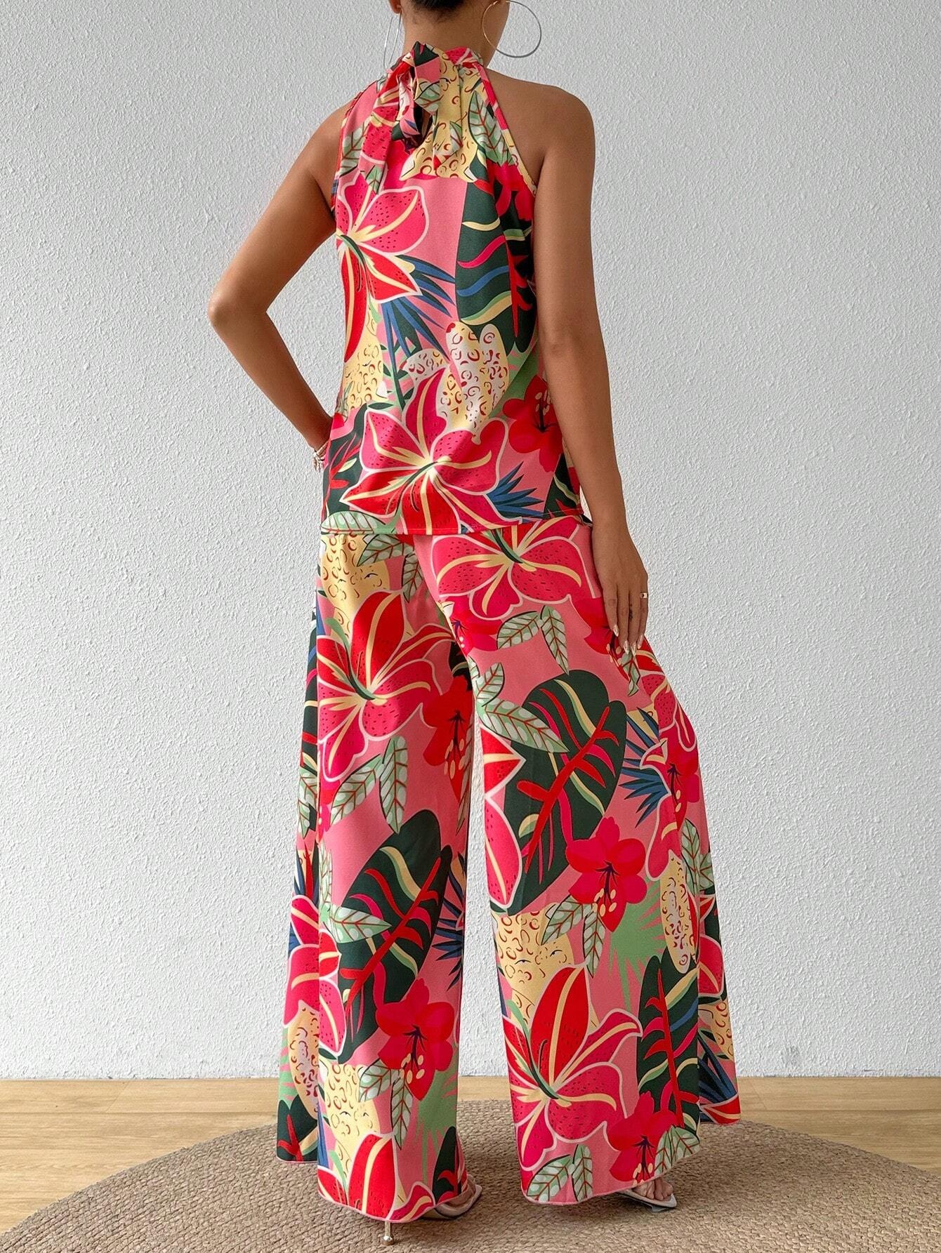 Holiday Flower Neckholder Top & Wide Legs Two-Piece Set