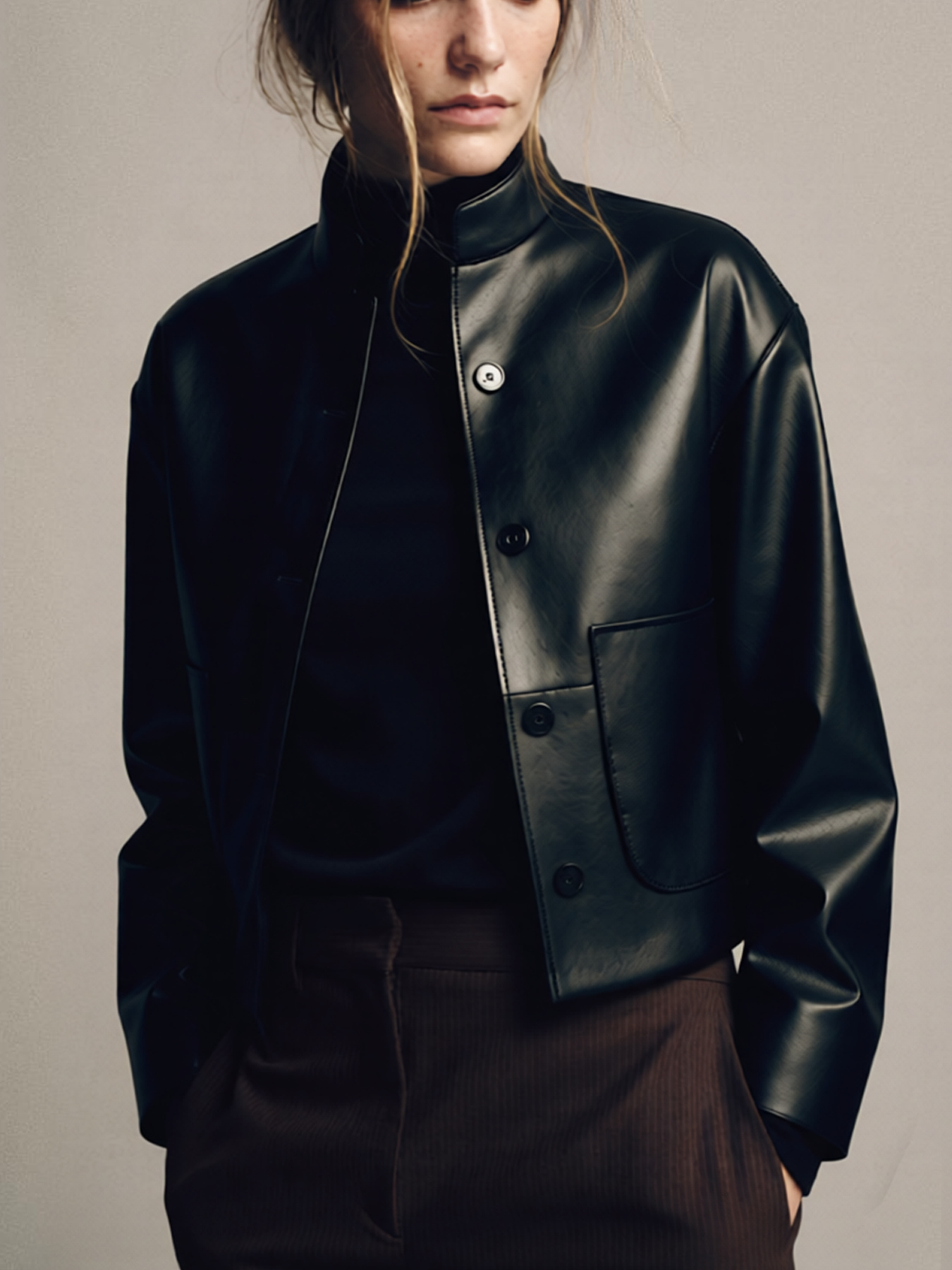 2026 Spring/Summer New Style Fashion Handsome Stand Collar Single-breasted Pocket Decorated Short Leather Jacket-Aetheryn