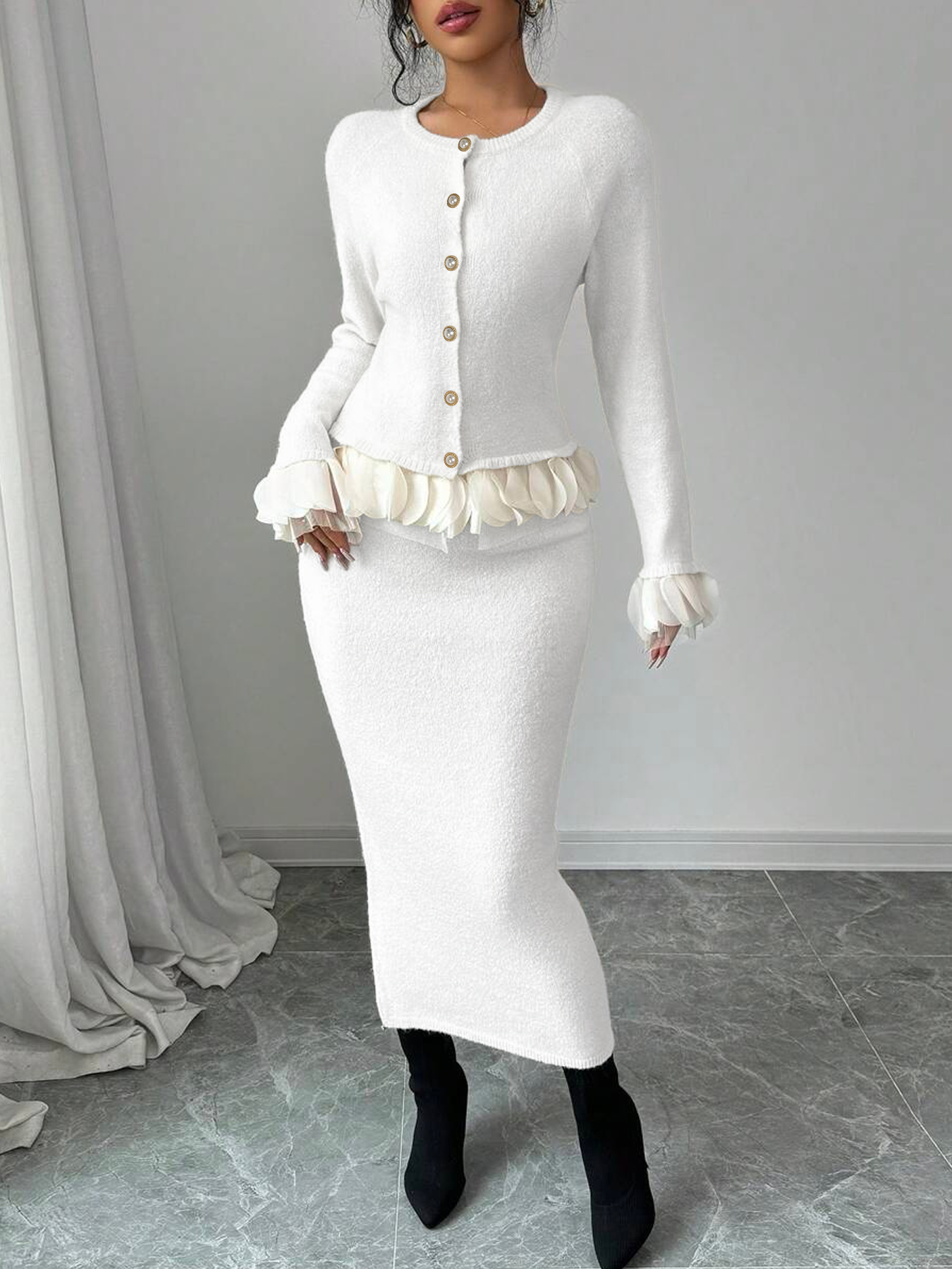 Women's White Knitted Cardigan with Gold Buttons, Ruffled Hem & Cuffs