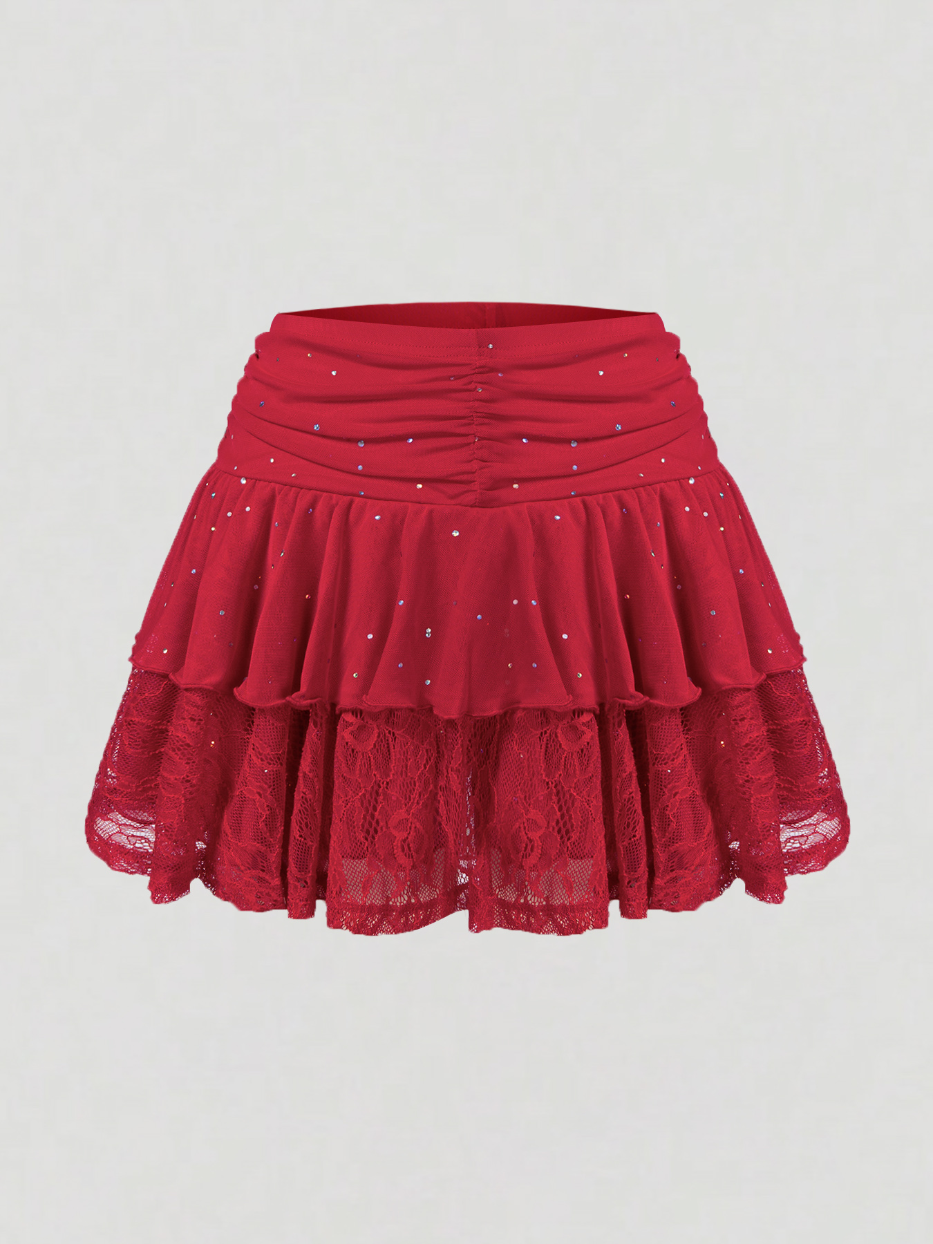 Woman's Red Glitter Ruched Drawstring Tiered Ruffle Mini Skirt