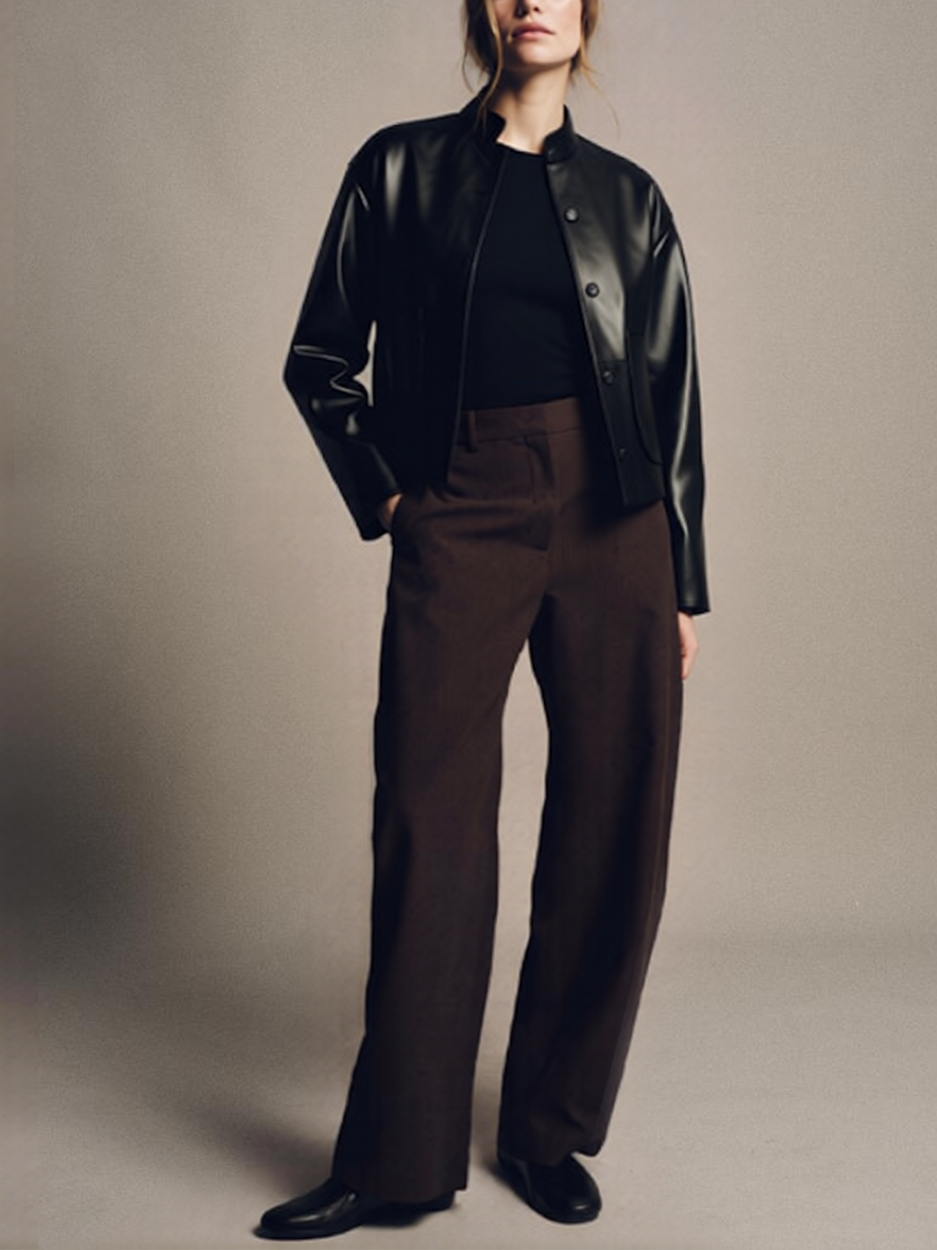 2026 Spring/Summer New Style Fashion Handsome Stand Collar Single-breasted Pocket Decorated Short Leather Jacket-Aetheryn