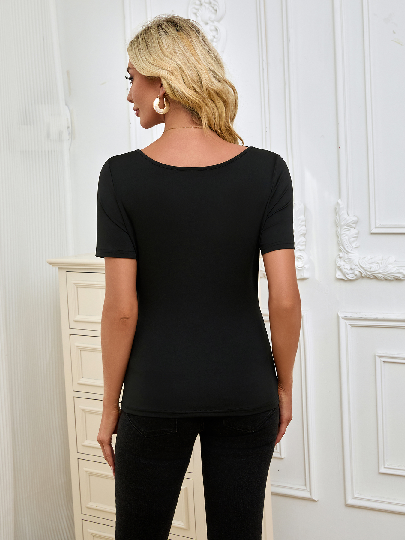 Women's Black Asymmetrical Neck Short Sleeve Bodysuit