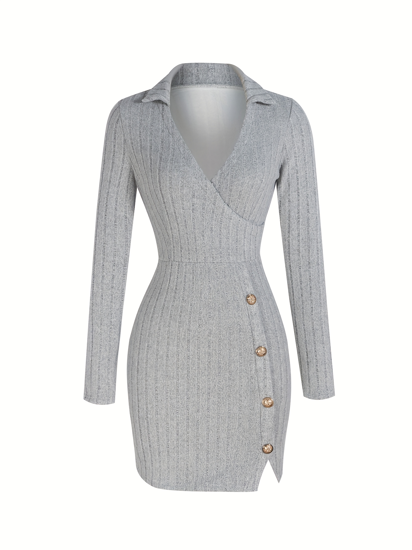 Woman's Gray Collared Wrap V-Neck Long Sleeve Ribbed Bodycon Mini Dress