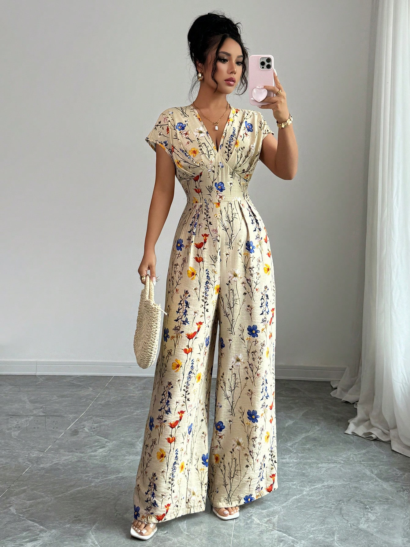 Vacation V-Neck Waist Cinching Apricot Printed Jumpsuit