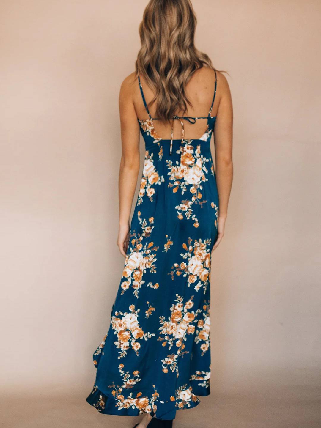 Boho Spaghetti Strap Floral Print High Slit Vacation Maxi Dress