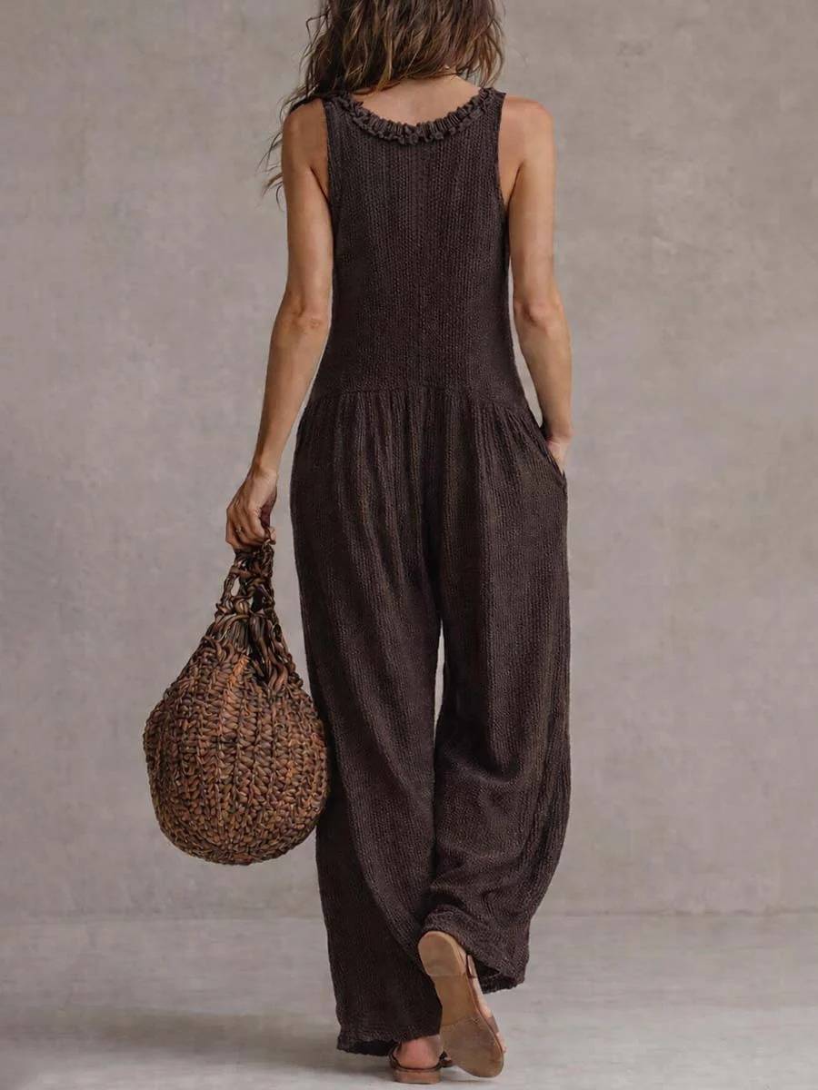  Boho Sleeveless V Neck Button Front Pocketed Wide Leg Vacation Jumpsuit